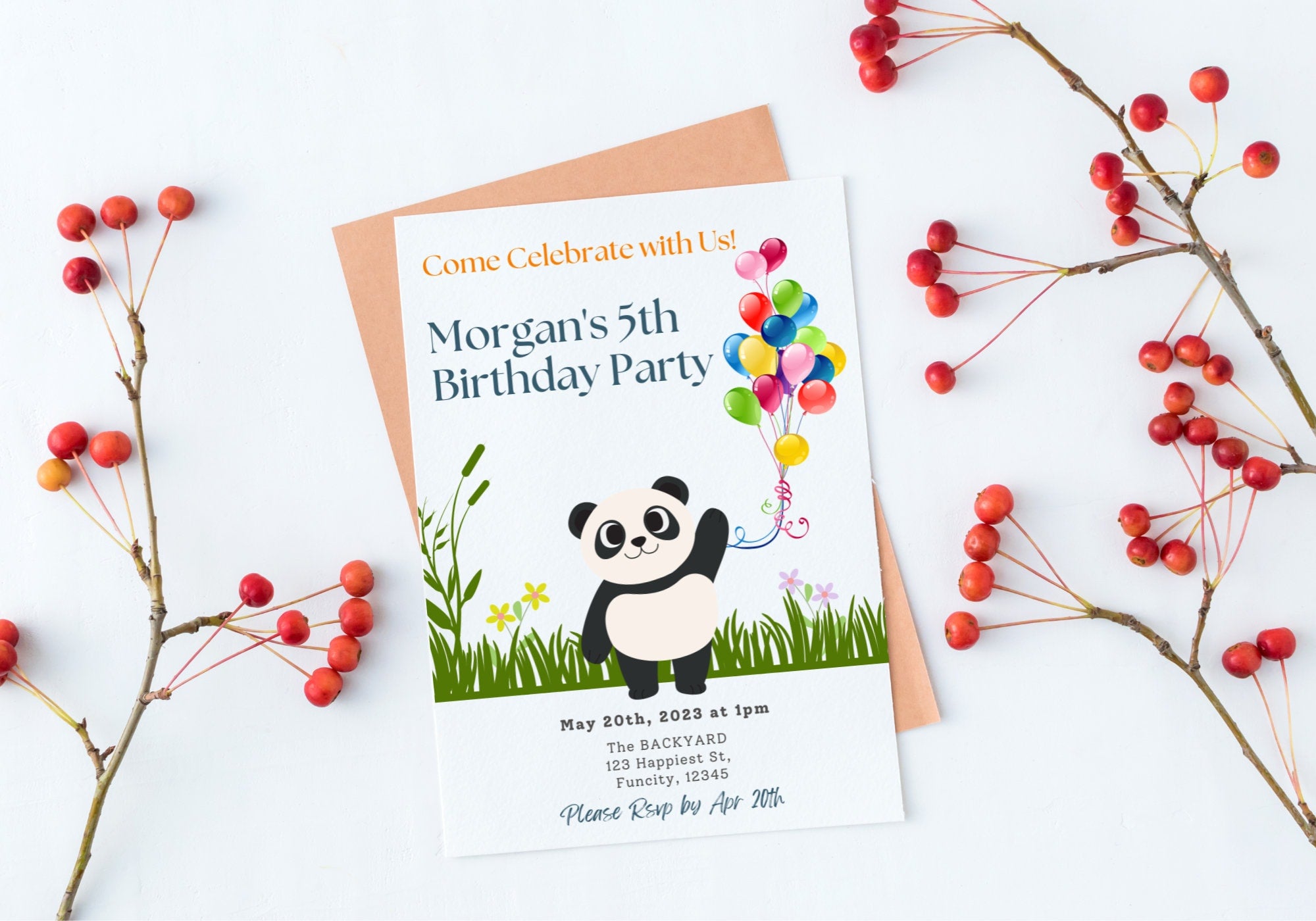 Panda Kids Birthday Party Invitation Template -Panda 5th Happy Birthday Toddler, Digital Invite, Balloons | Happy Panda