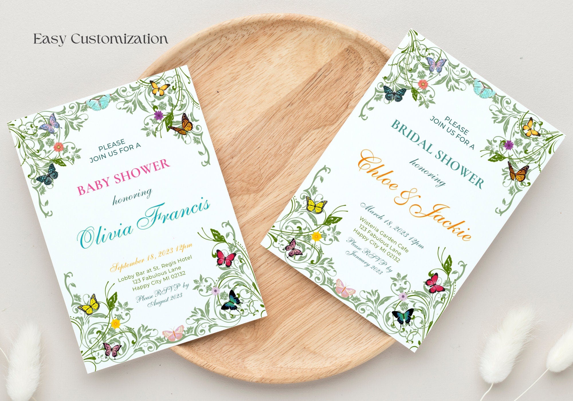 Butterfly BRIDAL Shower Party Invitation TEMPLATE - BABY Shower, Bridal Party Invite | Butterflies with Floral Greenery Motif