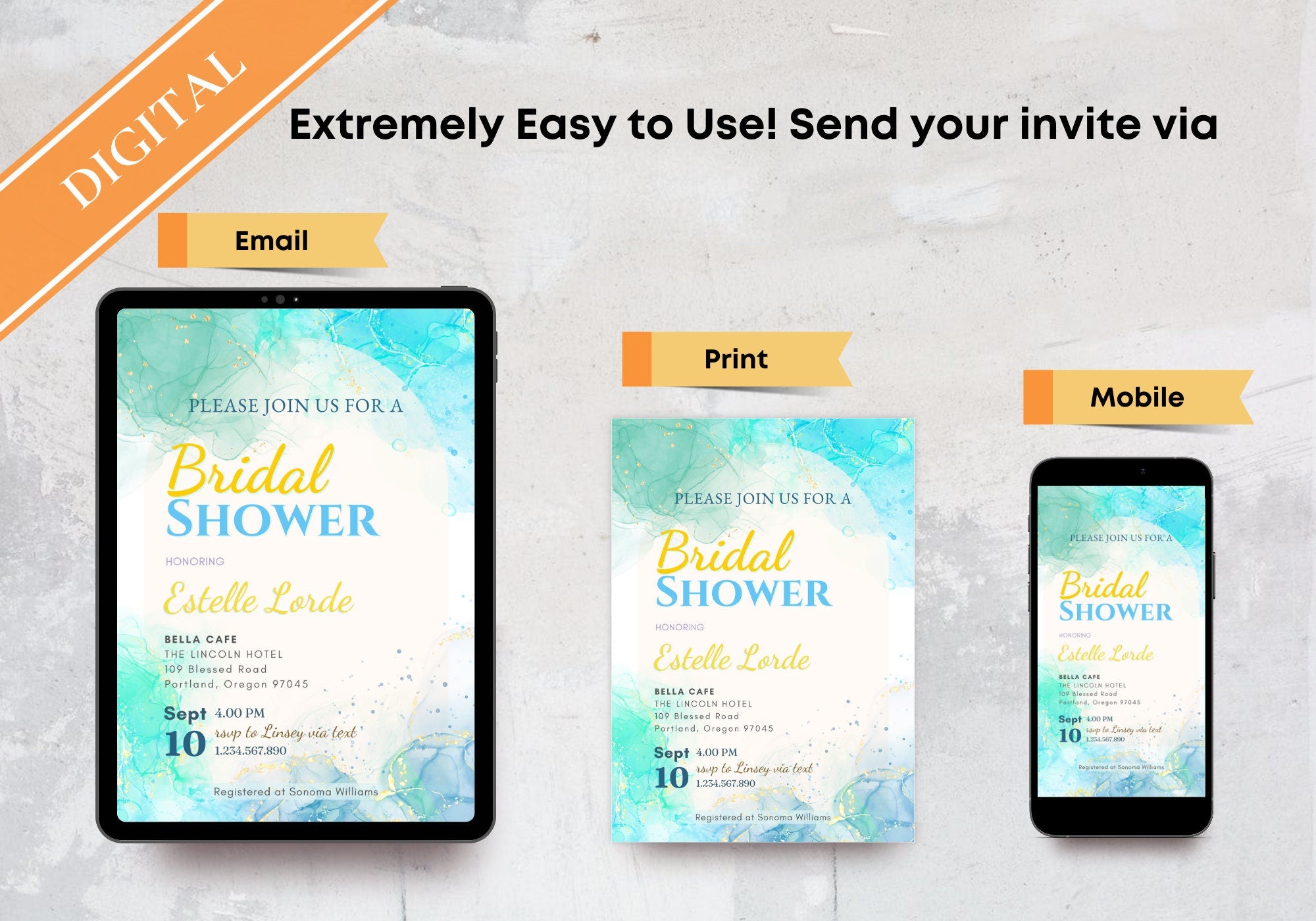 Alcohol Ink Bridal Shower Invite Template - Sky Ocean Blue Invite, Baby Shower Invite, Glittery confetti Gold