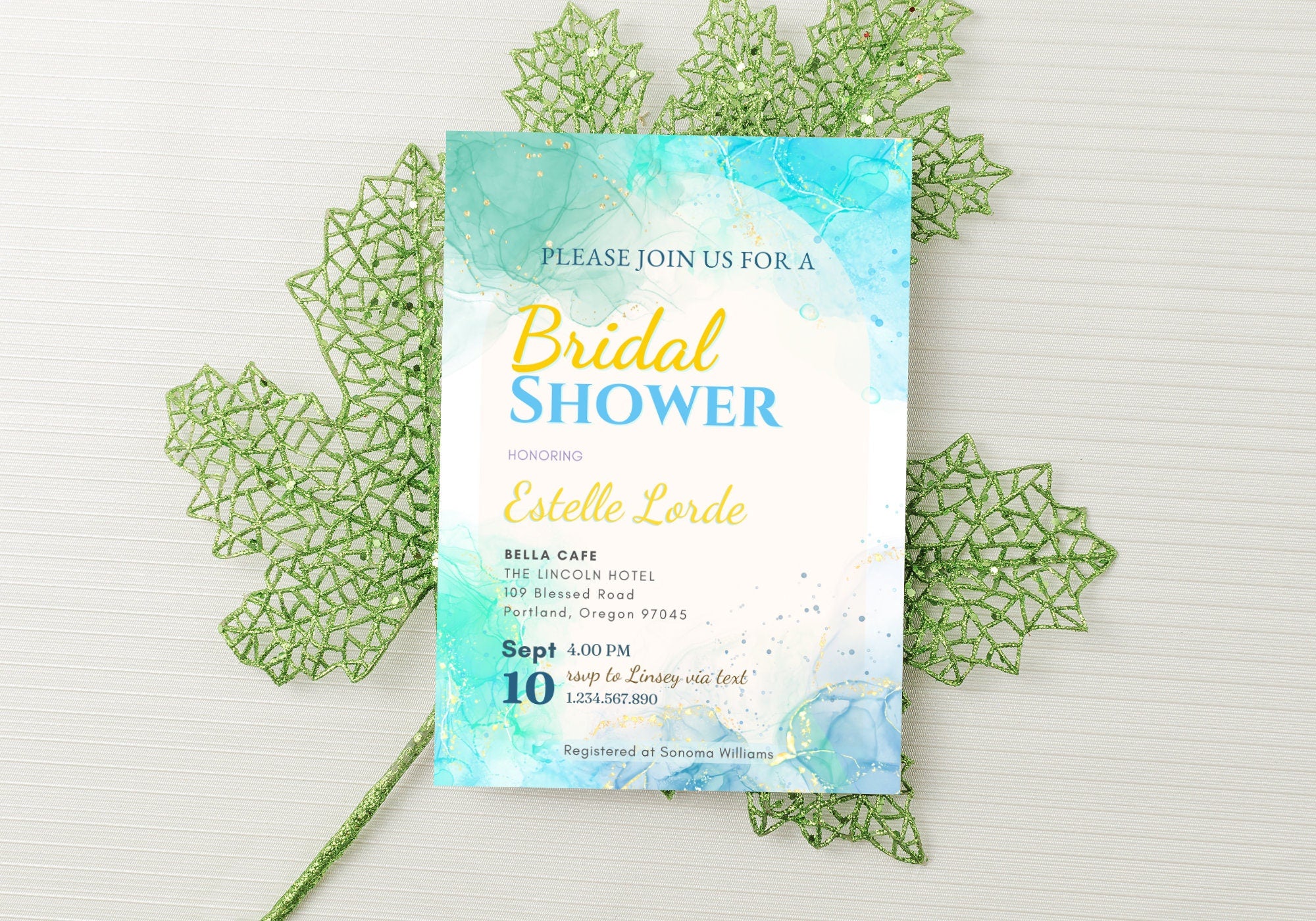 Alcohol Ink Bridal Shower Invite Template - Sky Ocean Blue Invite, Baby Shower Invite, Glittery confetti Gold