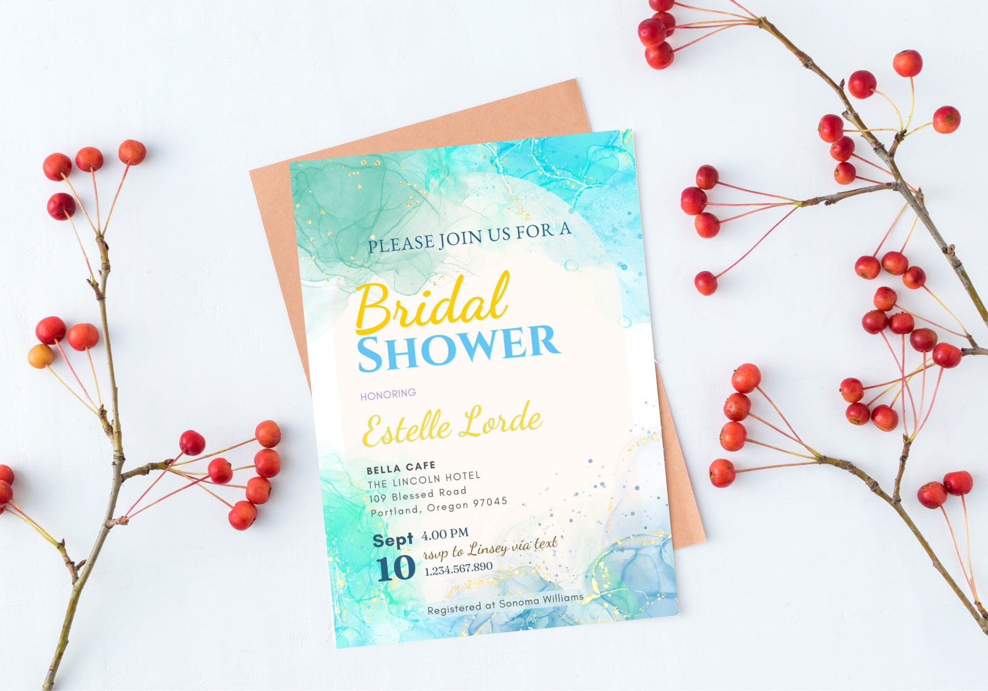 Alcohol Ink Bridal Shower Invite Template - Sky Ocean Blue Invite, Baby Shower Invite, Glittery confetti Gold