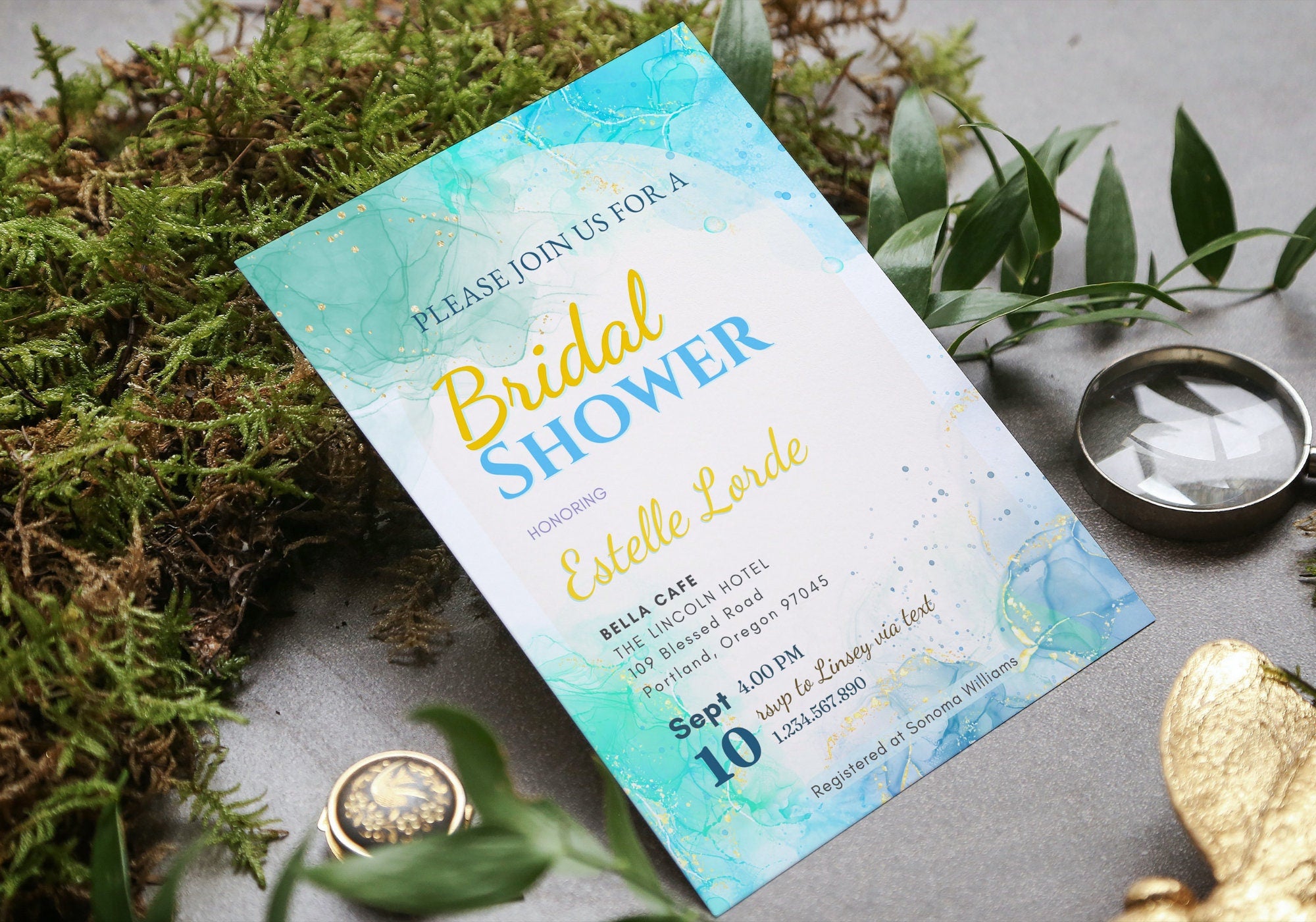 Alcohol Ink Bridal Shower Invite Template - Sky Ocean Blue Invite, Baby Shower Invite, Glittery confetti Gold