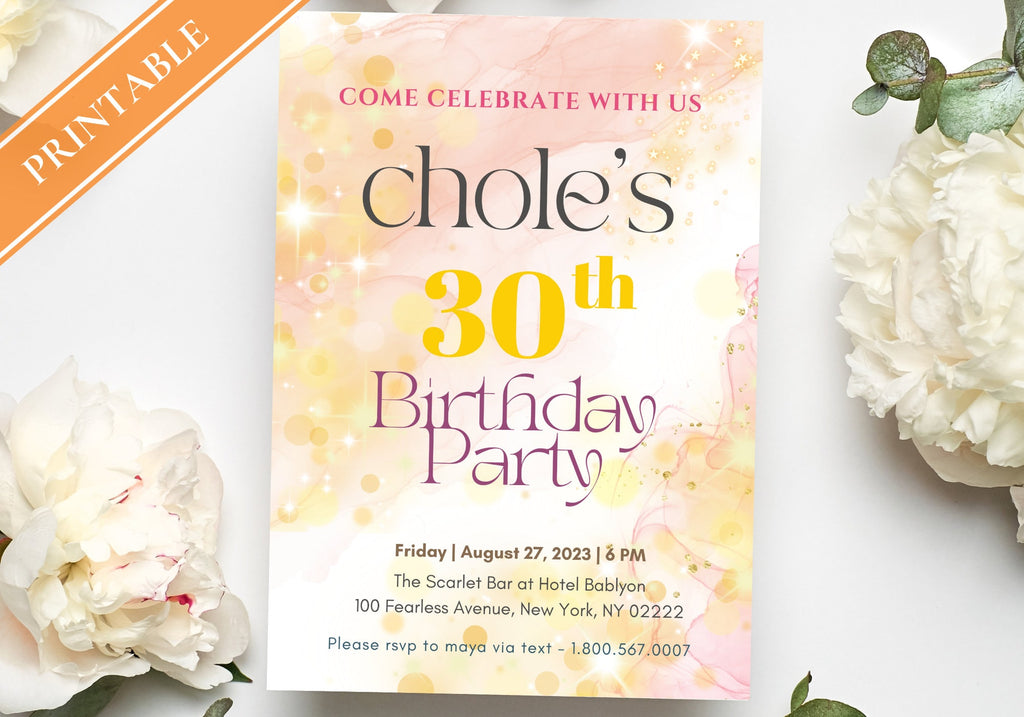 30th Party Invite Starry Alcohol Ink Birthday  - 30th 40th 50th Birthday Dreamy Pink Peach Stars Glitter Gold Confetti