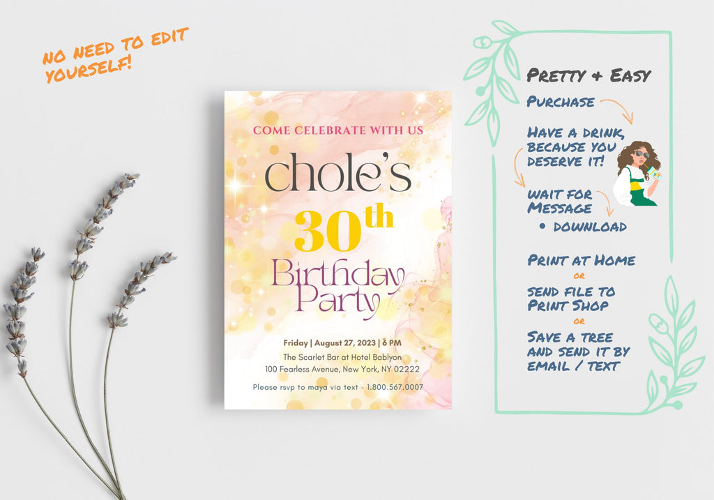 30th Party Invite Starry Alcohol Ink Birthday  - 30th 40th 50th Birthday Dreamy Pink Peach Stars Glitter Gold Confetti