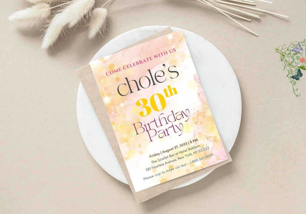 30th Party Invite Starry Alcohol Ink Birthday  - 30th 40th 50th Birthday Dreamy Pink Peach Stars Glitter Gold Confetti