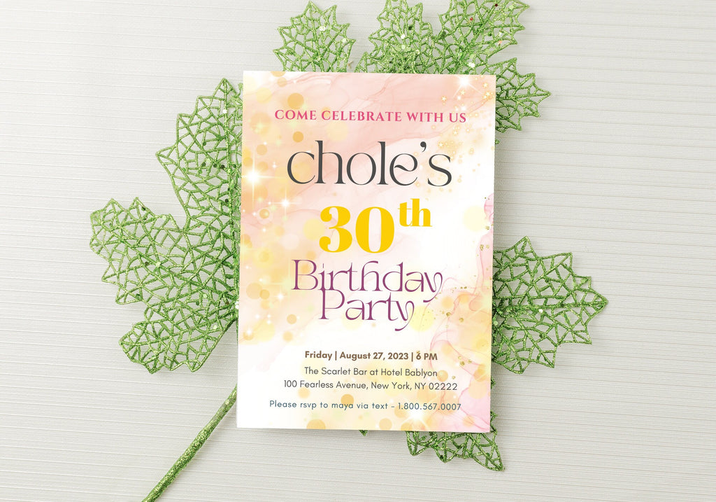 30th Party Invite Starry Alcohol Ink Birthday  - 30th 40th 50th Birthday Dreamy Pink Peach Stars Glitter Gold Confetti