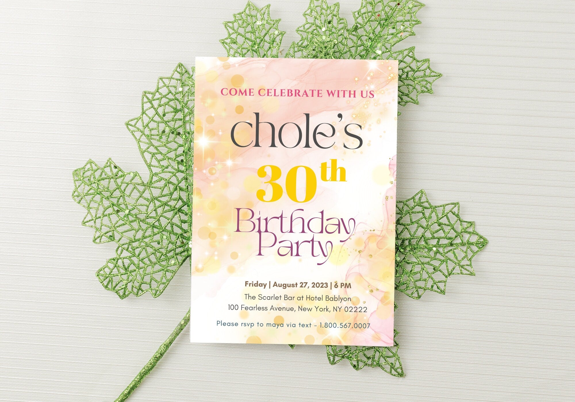30th Party Invite Starry Alcohol Ink Birthday  - 30th 40th 50th Birthday Dreamy Pink Peach Stars Glitter Gold Confetti