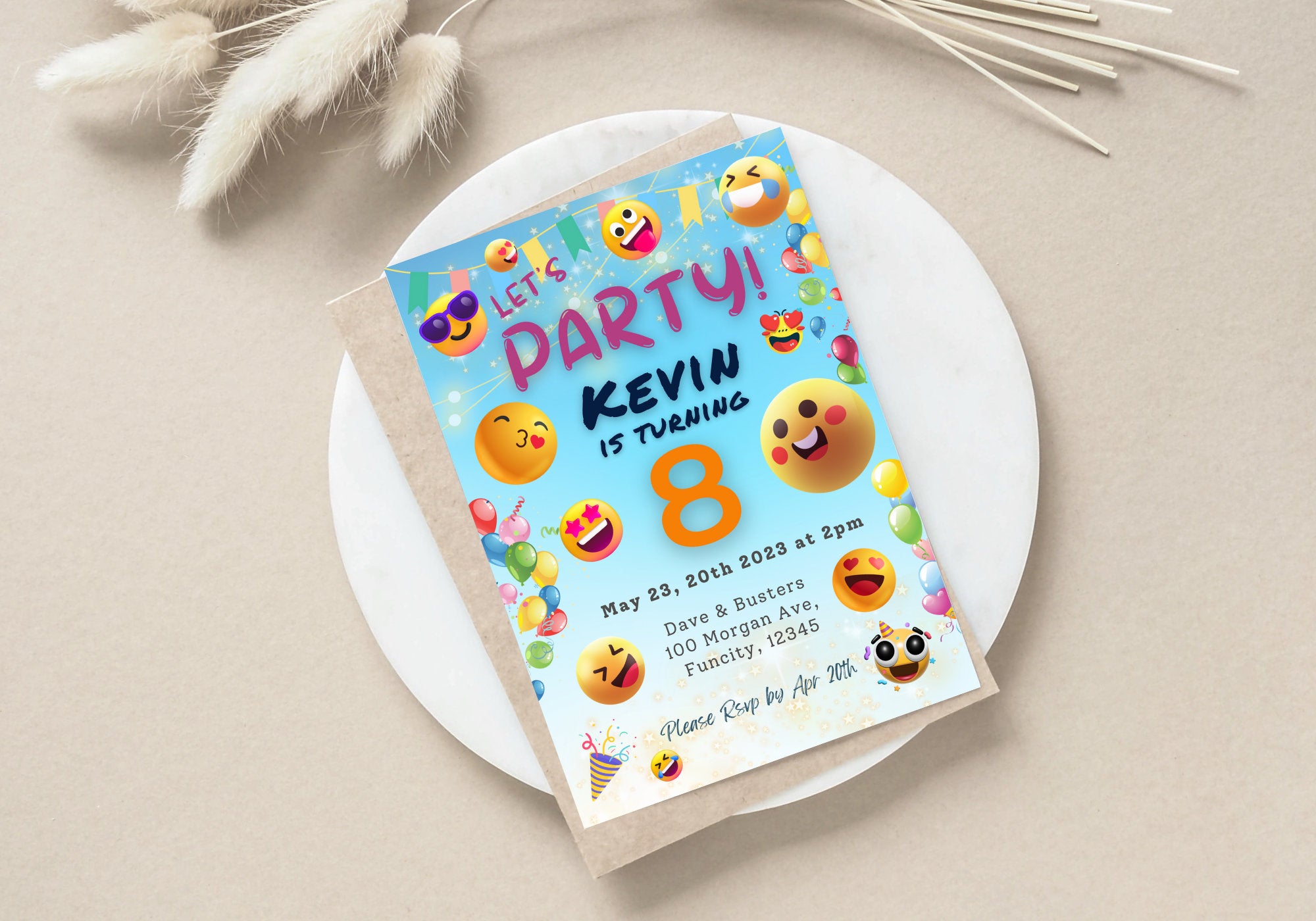 Cute Happy Emojis Birthday Invite - Kids Birthday Invitation, Turning 8, Children's invites - Let's Party Smiley Faces Emojis Party Invite