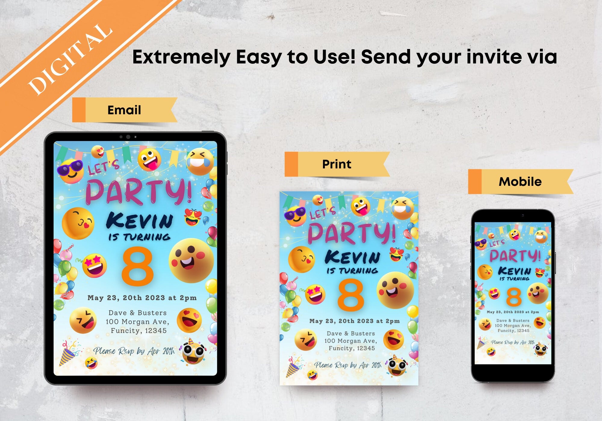 Cute Happy Emojis Birthday Invite - Kids Birthday Invitation, Turning 8, Children's invites - Let's Party Smiley Faces Emojis Party Invite