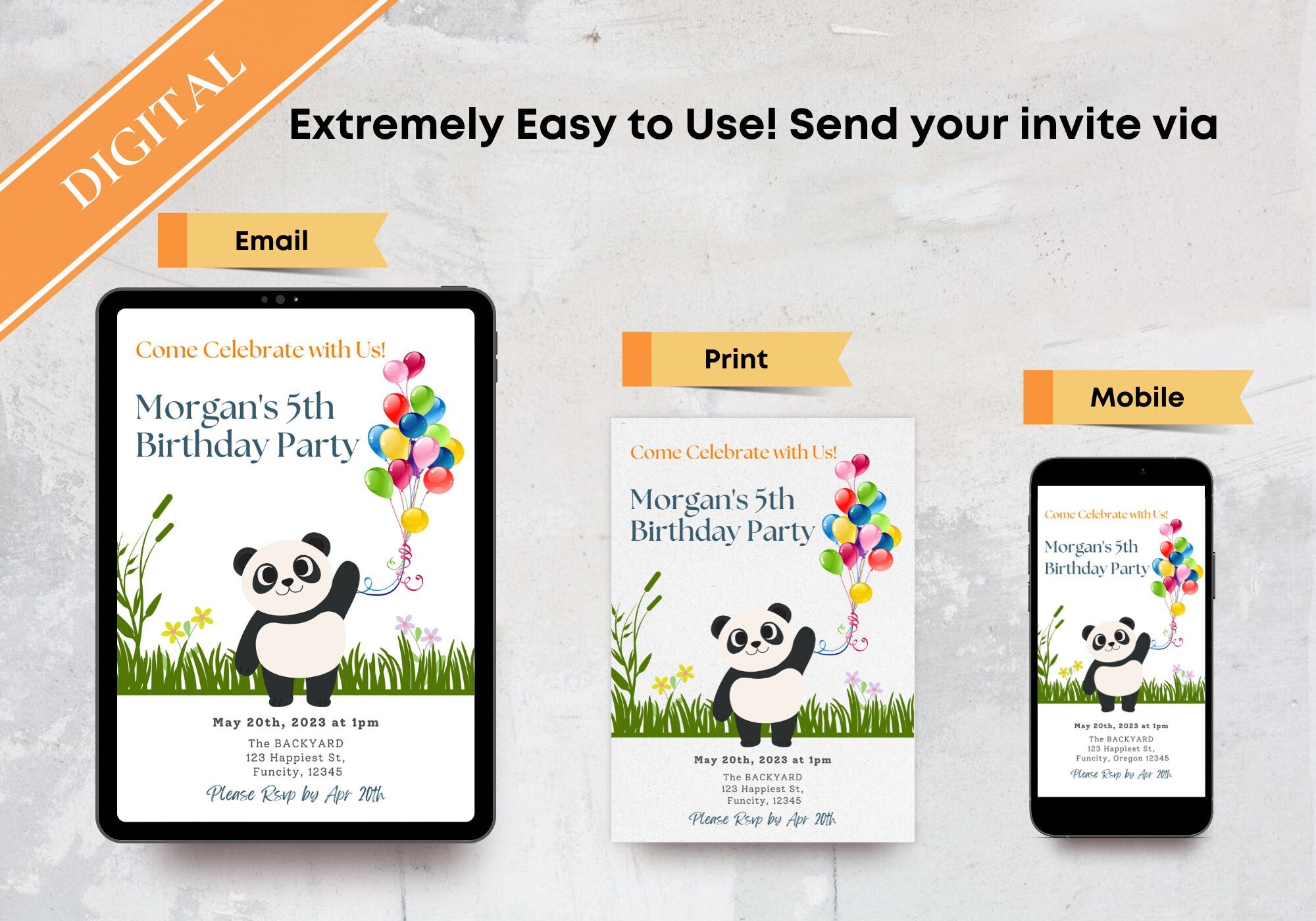Panda Kids Birthday Party Invitation Template -Panda 5th Happy Birthday Toddler, Digital Invite, Balloons | Happy Panda