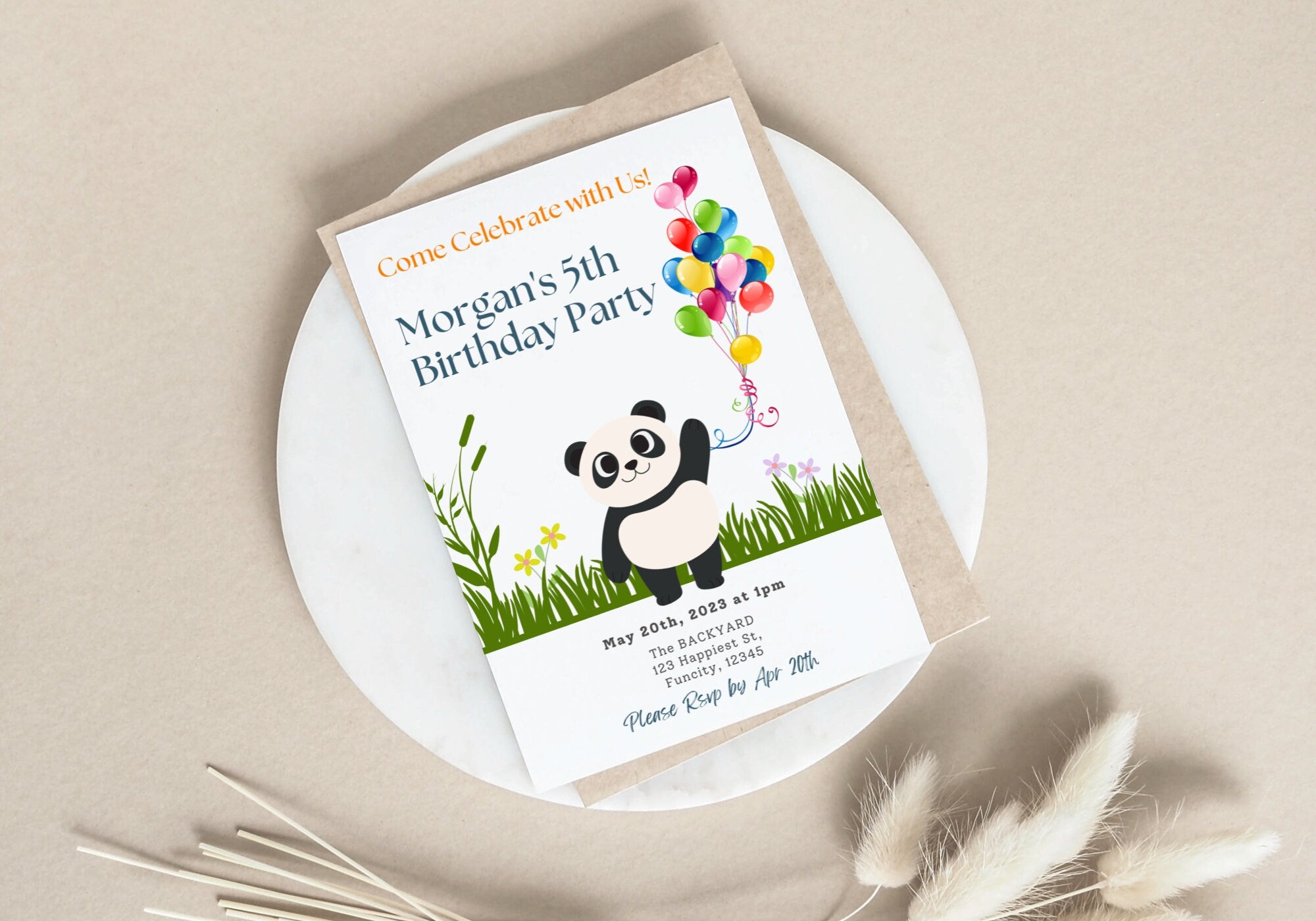 Panda Kids Birthday Party Invitation Template -Panda 5th Happy Birthday Toddler, Digital Invite, Balloons | Happy Panda