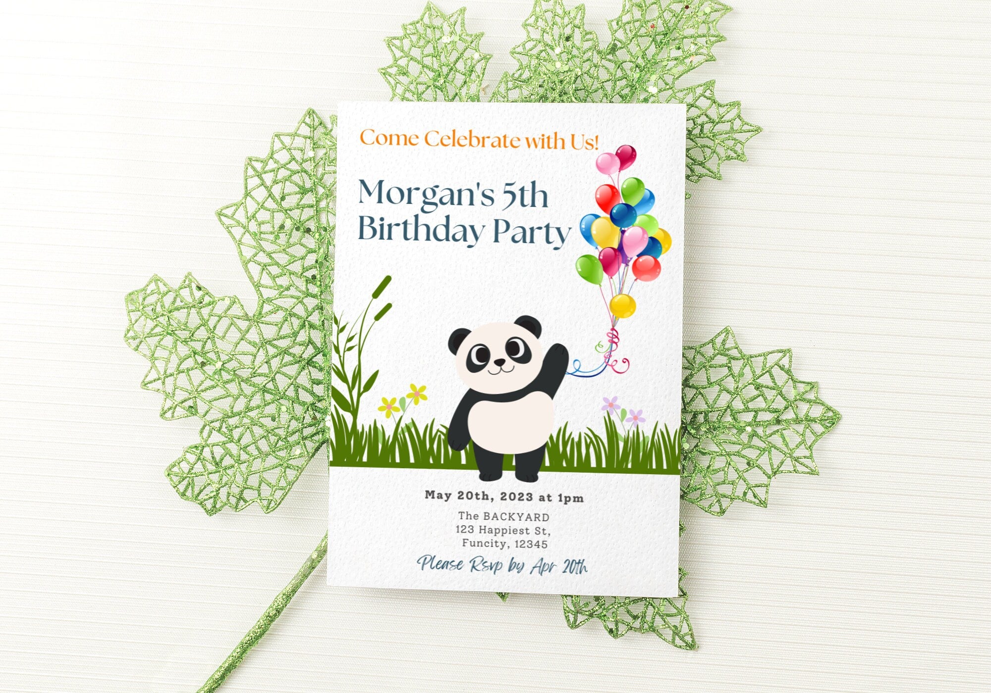Panda Kids Birthday Party Invitation Template -Panda 5th Happy Birthday Toddler, Digital Invite, Balloons | Happy Panda