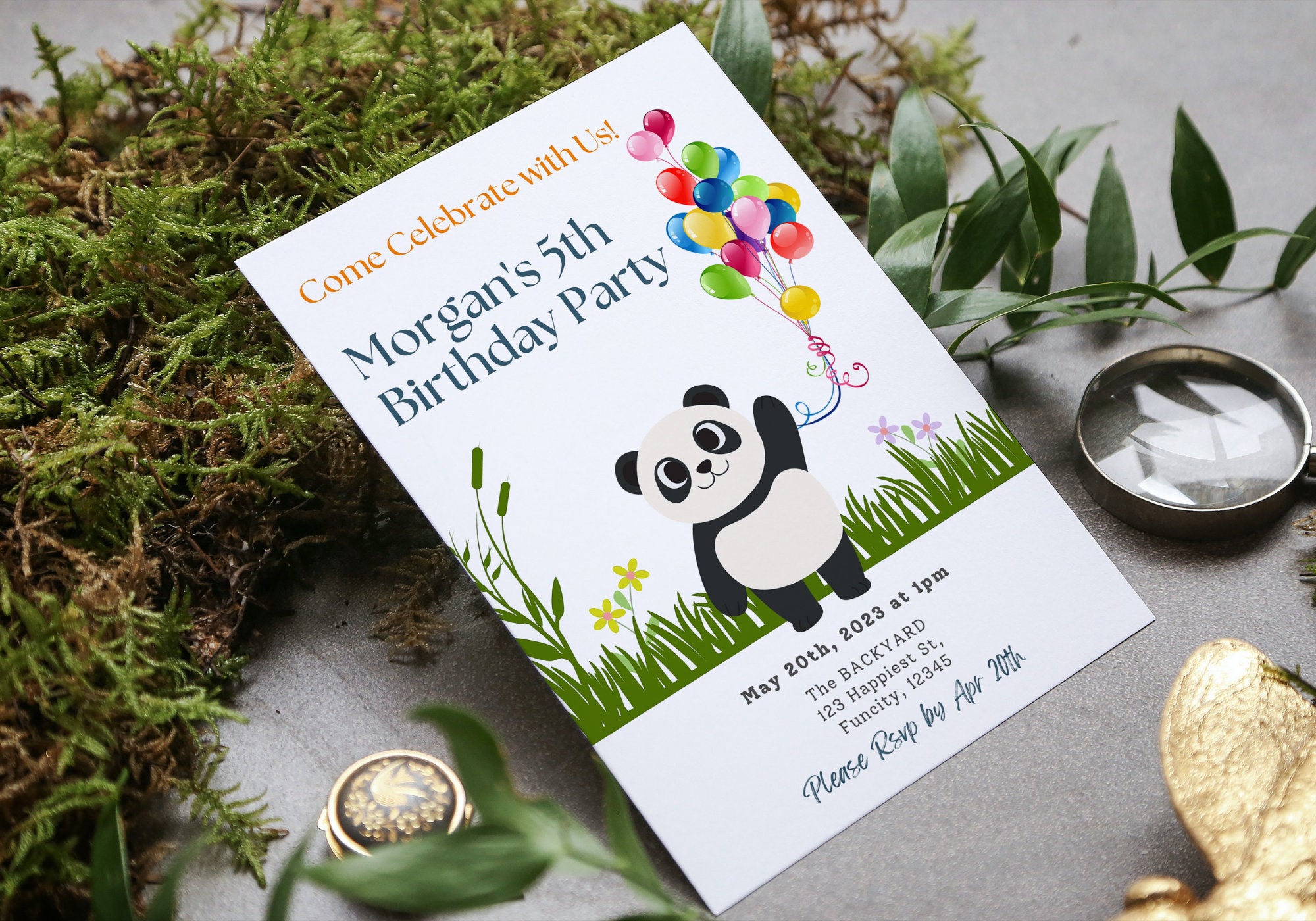 Panda Kids Birthday Party Invitation Template -Panda 5th Happy Birthday Toddler, Digital Invite, Balloons | Happy Panda
