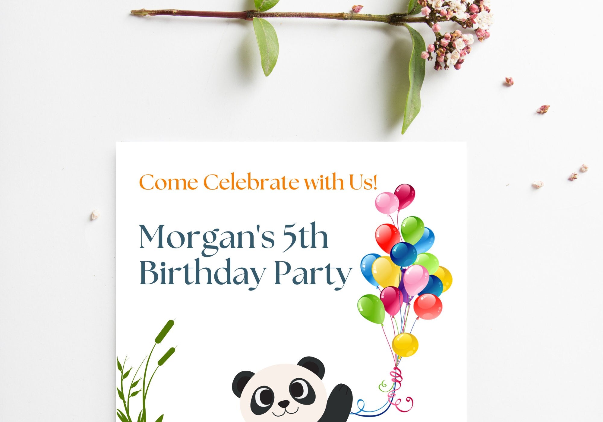 Panda Kids Birthday Party Invitation Template -Panda 5th Happy Birthday Toddler, Digital Invite, Balloons | Happy Panda