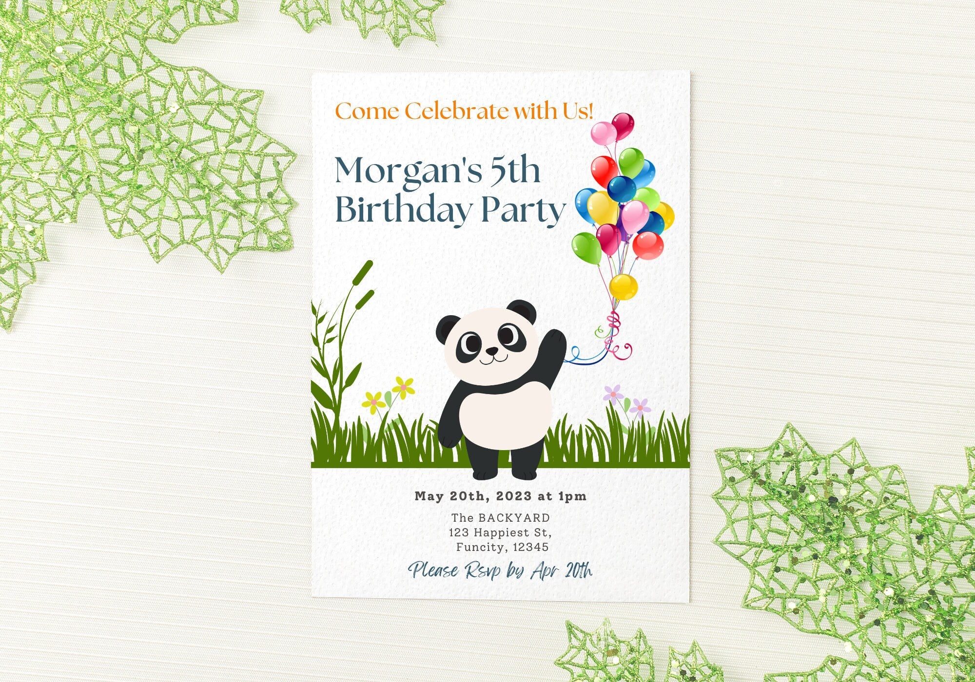 Panda Kids Birthday Party Invitation Template -Panda 5th Happy Birthday Toddler, Digital Invite, Balloons | Happy Panda