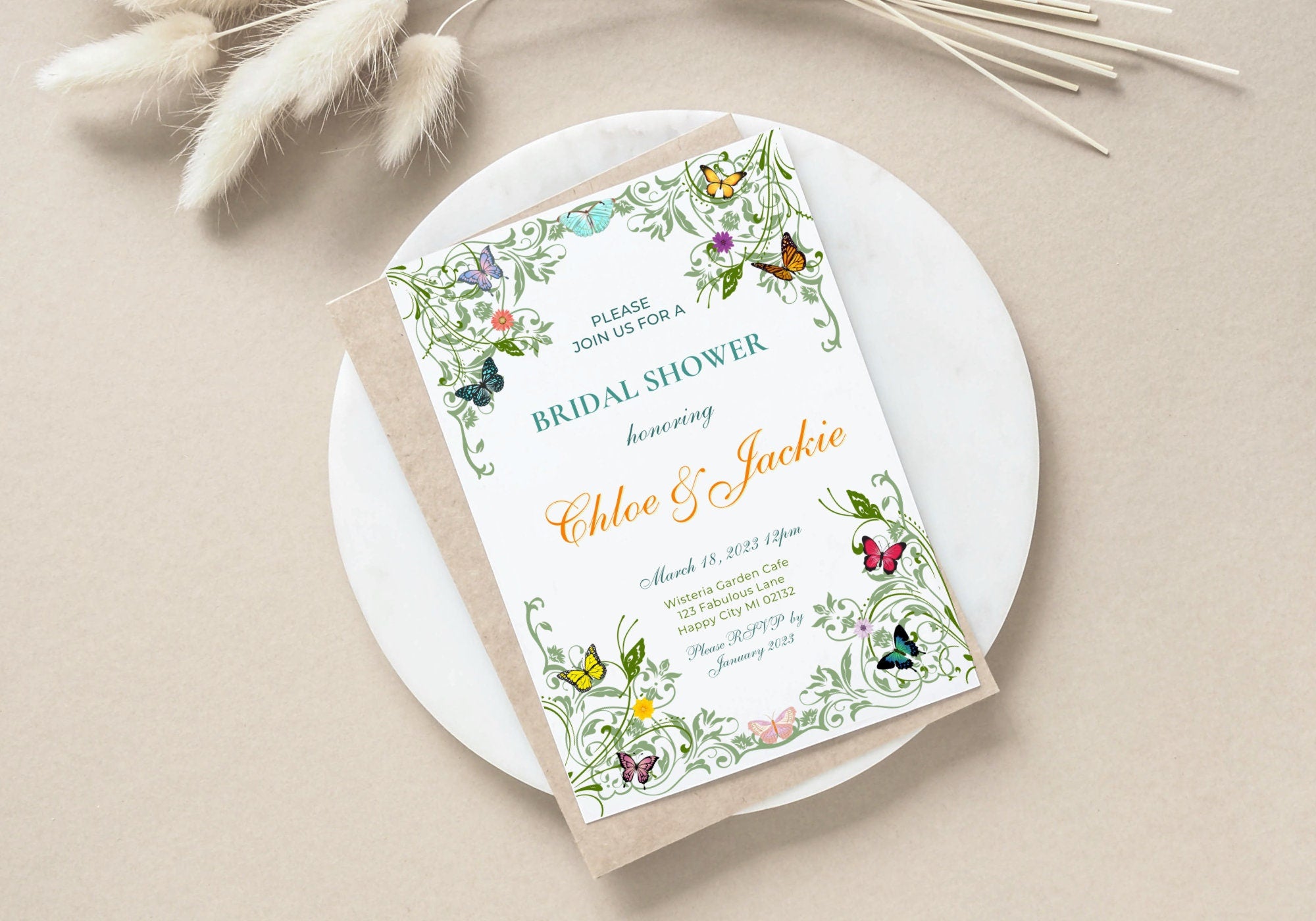 Butterfly BRIDAL Shower Party Invitation TEMPLATE - BABY Shower, Bridal Party Invite | Butterflies with Floral Greenery Motif