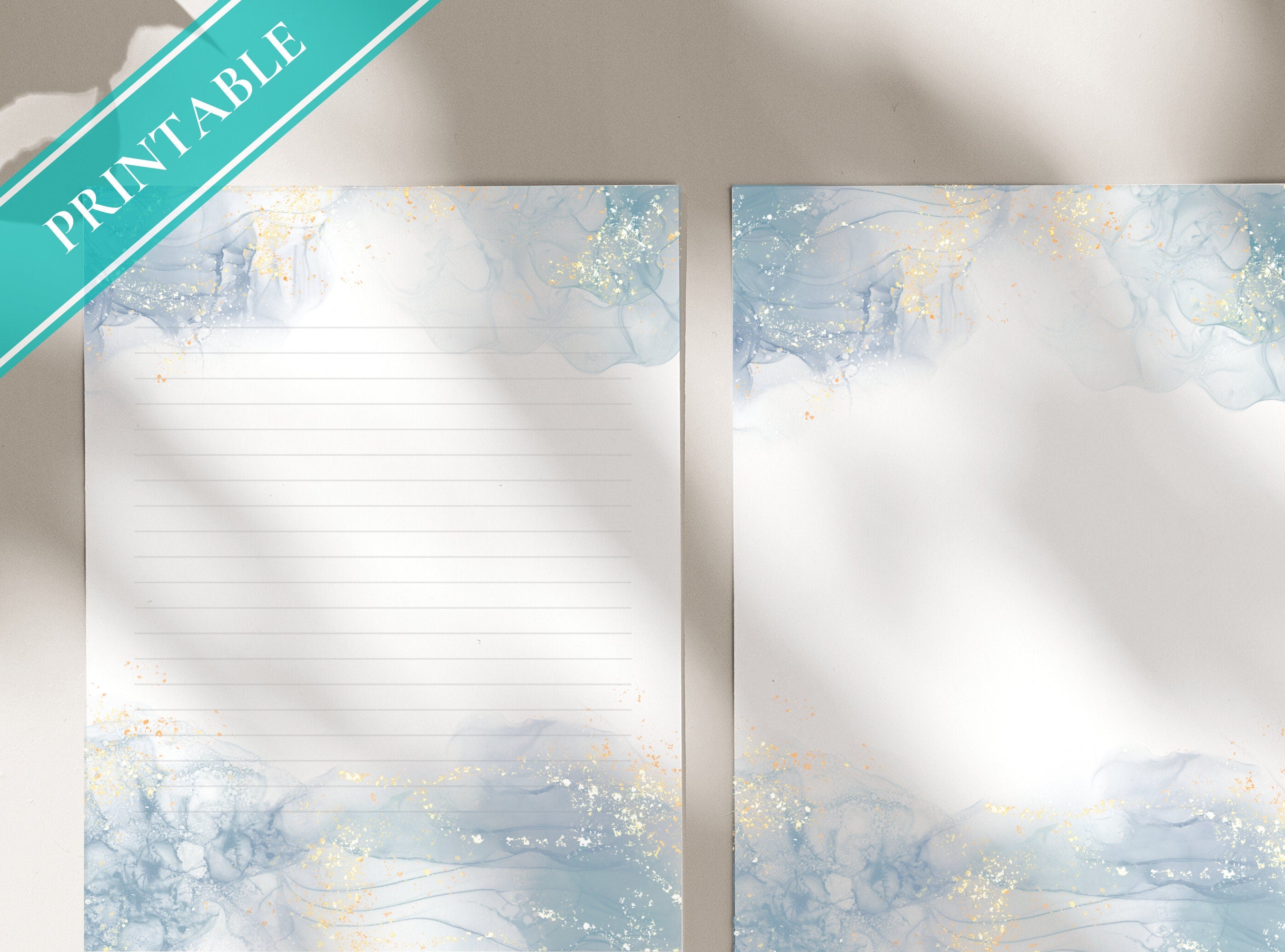 Pretty Blue Alcohol Ink, Printable Stationery Paper -  Light Color Watercolor, Journal Paper, Letter, Note, Lined Paper, GoodNotes