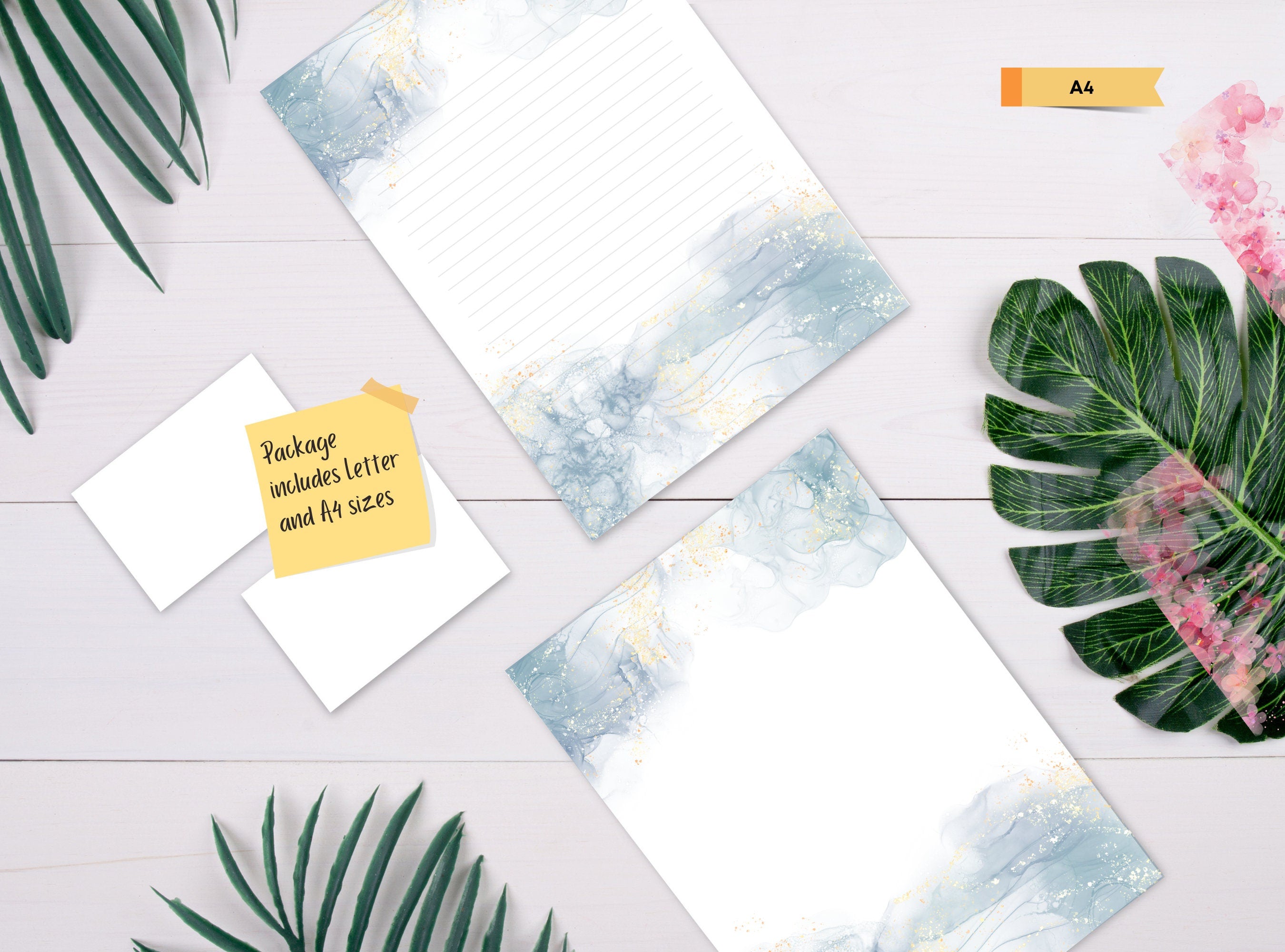 Pretty Blue Alcohol Ink, Printable Stationery Paper -  Light Color Watercolor, Journal Paper, Letter, Note, Lined Paper, GoodNotes
