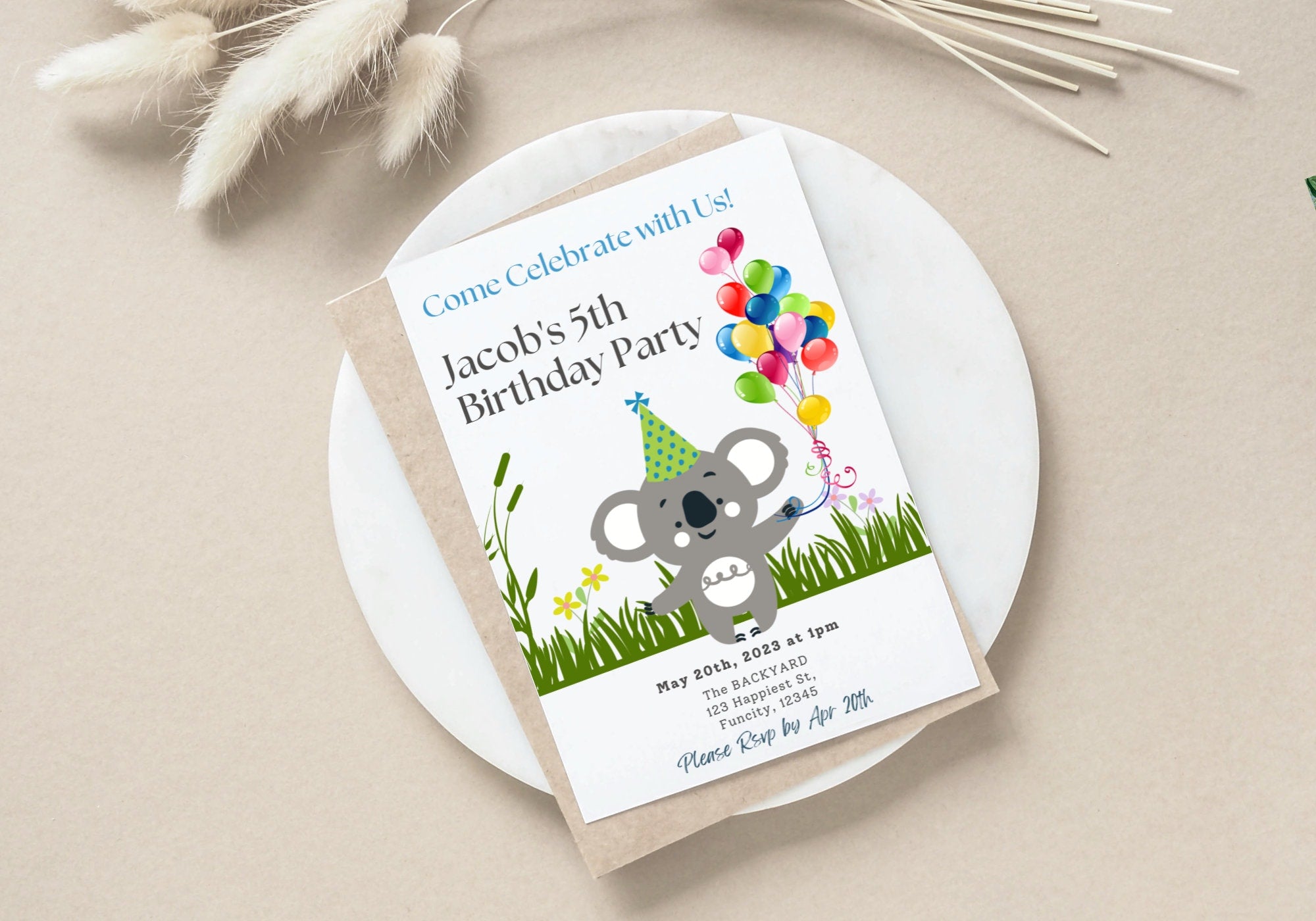 Kids Birthday Party Invitation Template -Koala Bear Birthday Toddler, Digital Invite, Balloons | Happy Koala