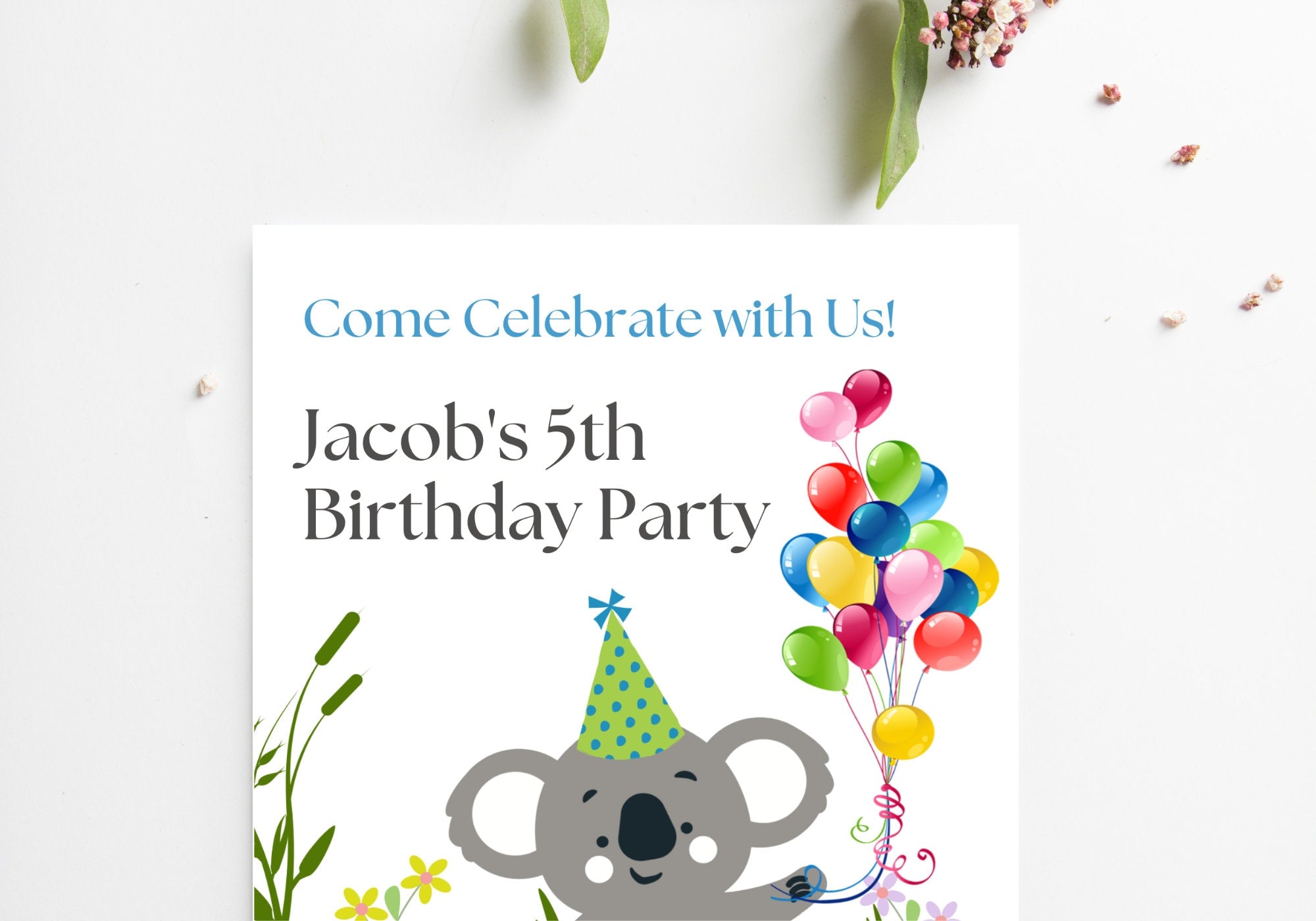 Kids Birthday Party Invitation Template -Koala Bear Birthday Toddler, Digital Invite, Balloons | Happy Koala