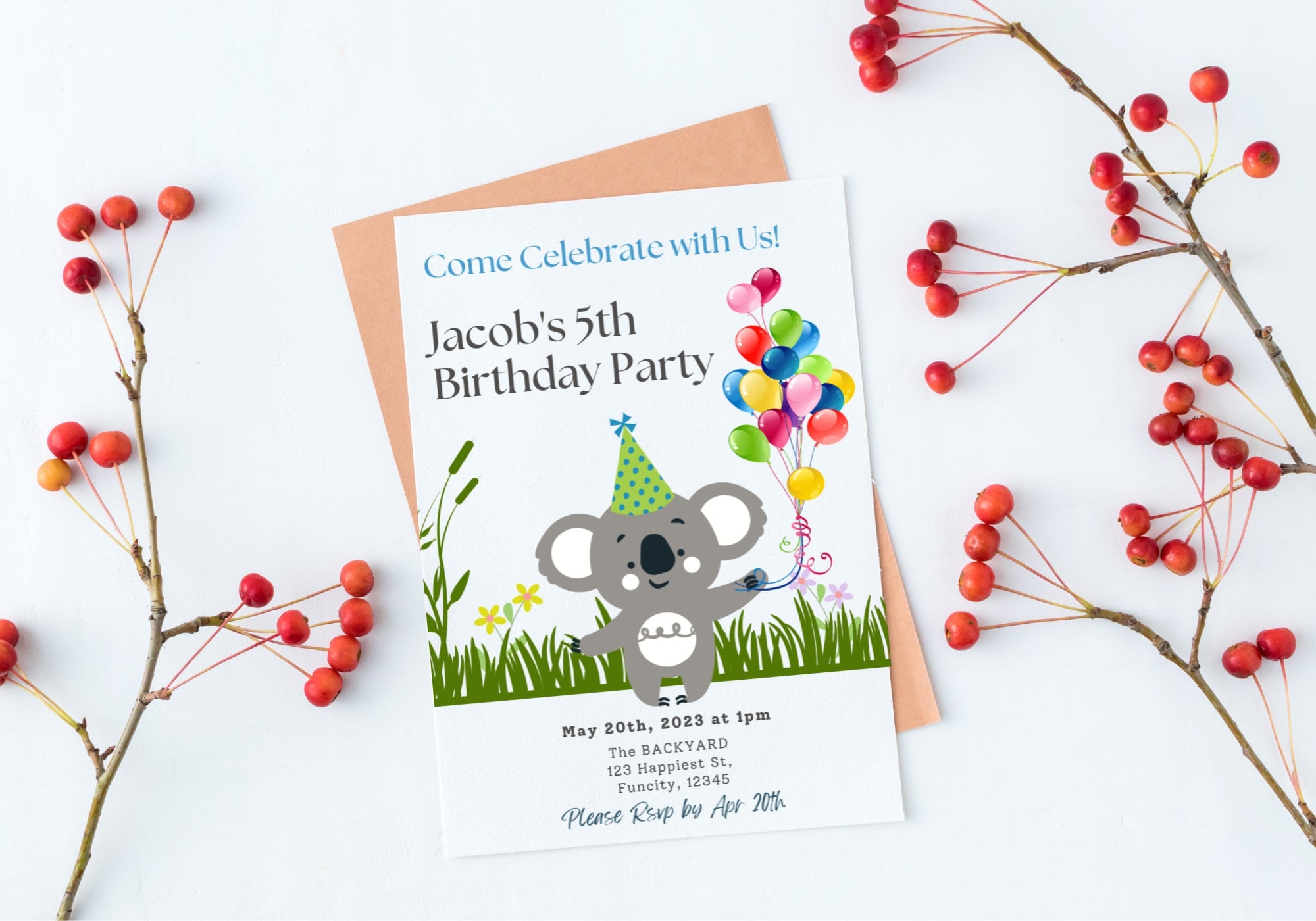 Kids Birthday Party Invitation Template -Koala Bear Birthday Toddler, Digital Invite, Balloons | Happy Koala