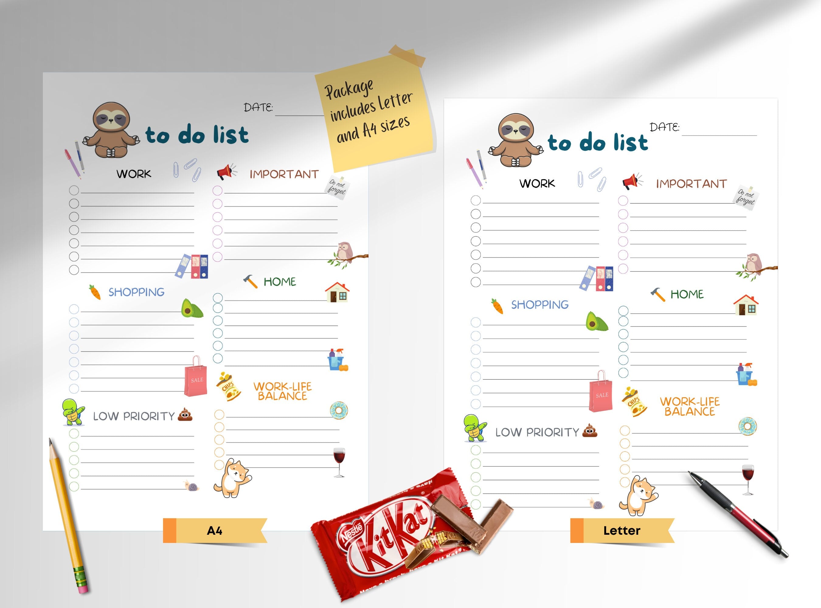 Funny Cute To Do List - Printable Task List, Things to Do, Checklist, Daily, Shopping To Do List, Letter size and A4 | Cute Animals | Sloth