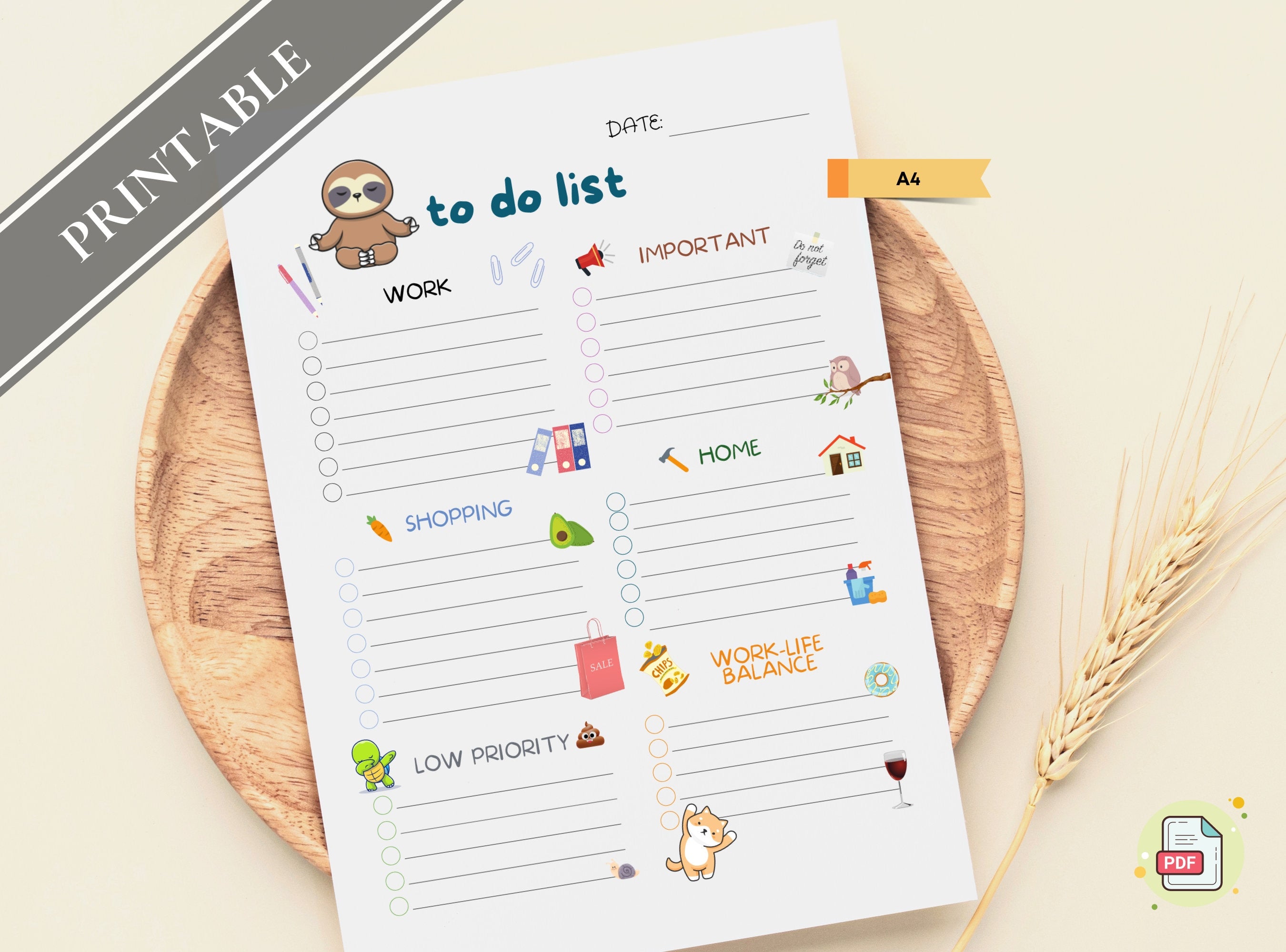 Funny Cute To Do List - Printable Task List, Things to Do, Checklist, Daily, Shopping To Do List, Letter size and A4 | Cute Animals | Sloth