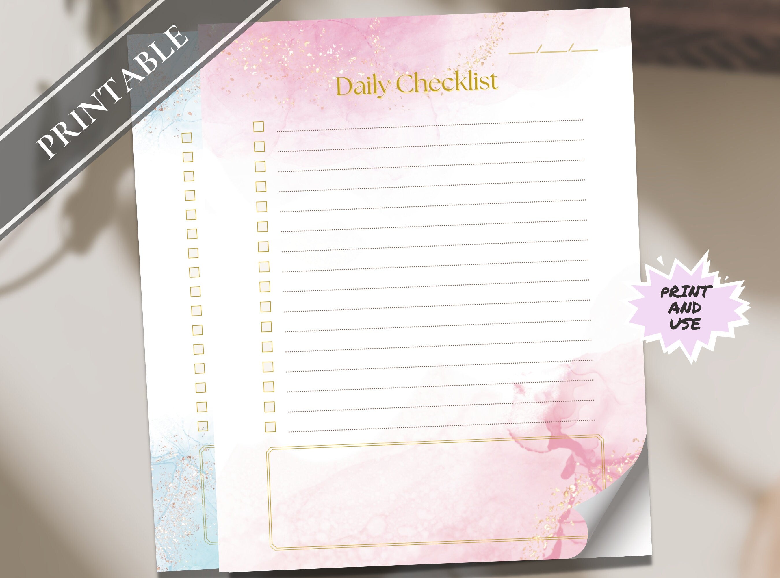 Simple To Do List - Blue Pink Printable Task List, Things to Do, Checklist, Daily Weekly Reminder List, Letter size and A4 | Alcohol Ink