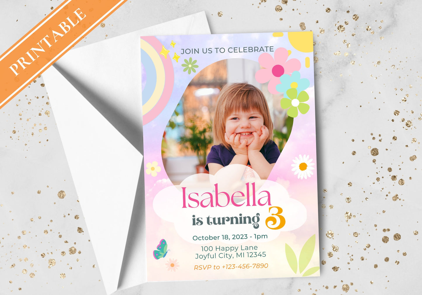 Rainbow Kids Birthday Party Invitation Template -Picture Invite, Pastels, watercolor, Toddler, turning 3, Digital Mobile Invite