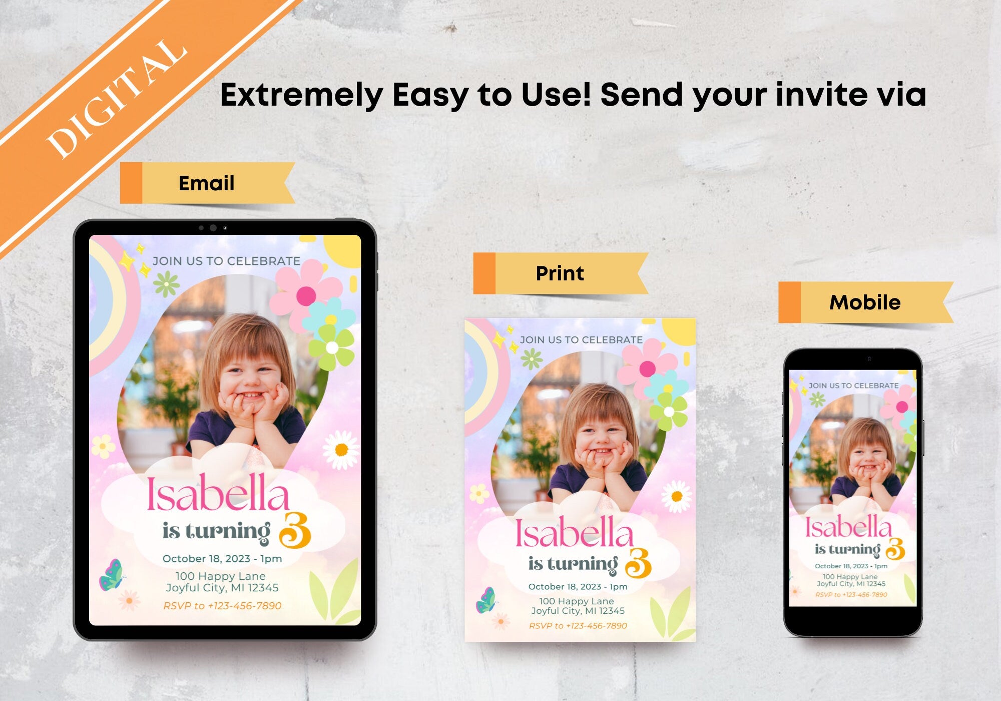 Rainbow Kids Birthday Party Invitation Template -Picture Invite, Pastels, watercolor, Toddler, turning 3, Digital Mobile Invite