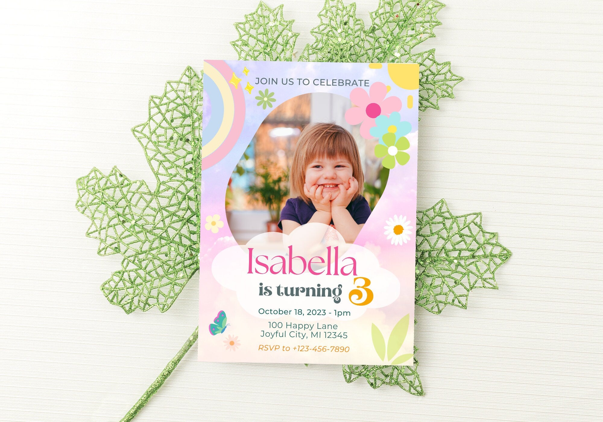 Rainbow Kids Birthday Party Invitation Template -Picture Invite, Pastels, watercolor, Toddler, turning 3, Digital Mobile Invite