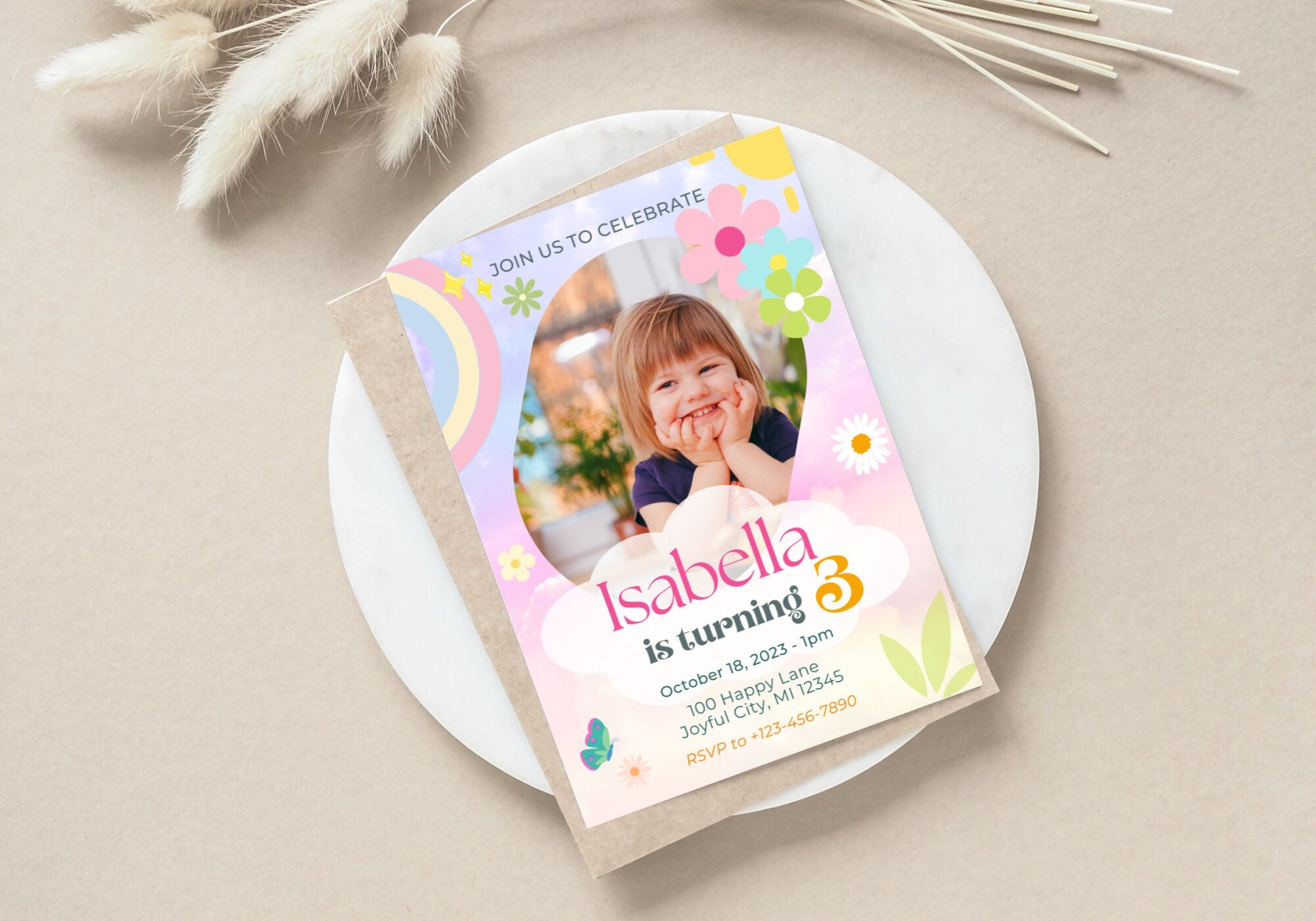 Rainbow Kids Birthday Party Invitation Template -Picture Invite, Pastels, watercolor, Toddler, turning 3, Digital Mobile Invite