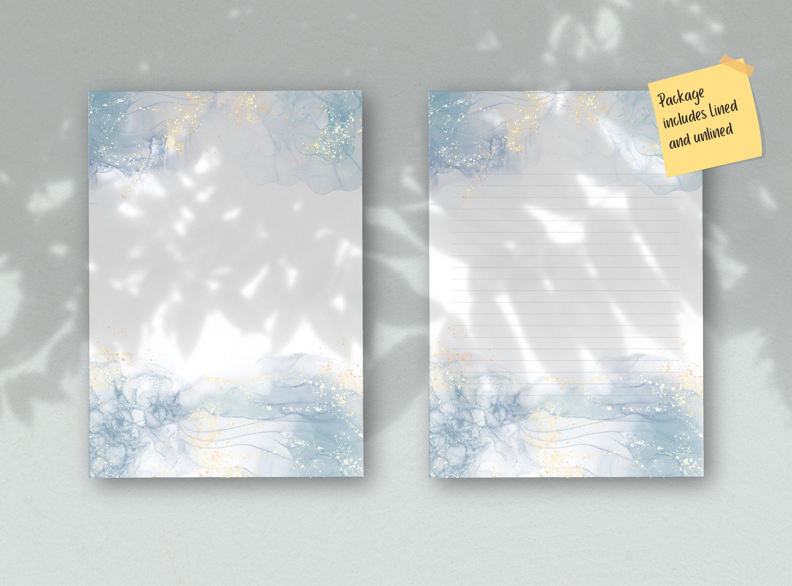 Pretty Blue Alcohol Ink, Printable Stationery Paper -  Light Color Watercolor, Journal Paper, Letter, Note, Lined Paper, GoodNotes