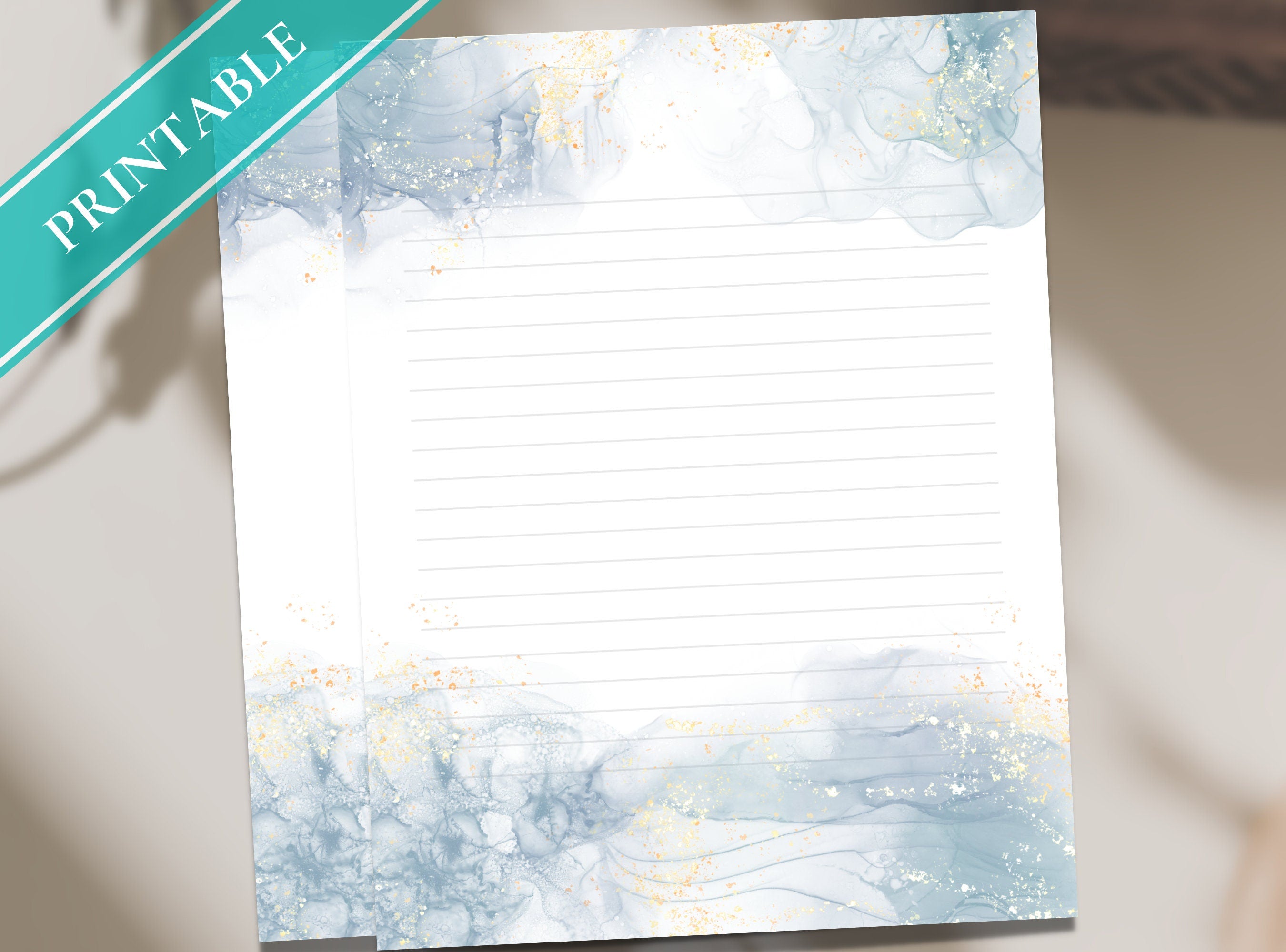 Pretty Blue Alcohol Ink, Printable Stationery Paper -  Light Color Watercolor, Journal Paper, Letter, Note, Lined Paper, GoodNotes