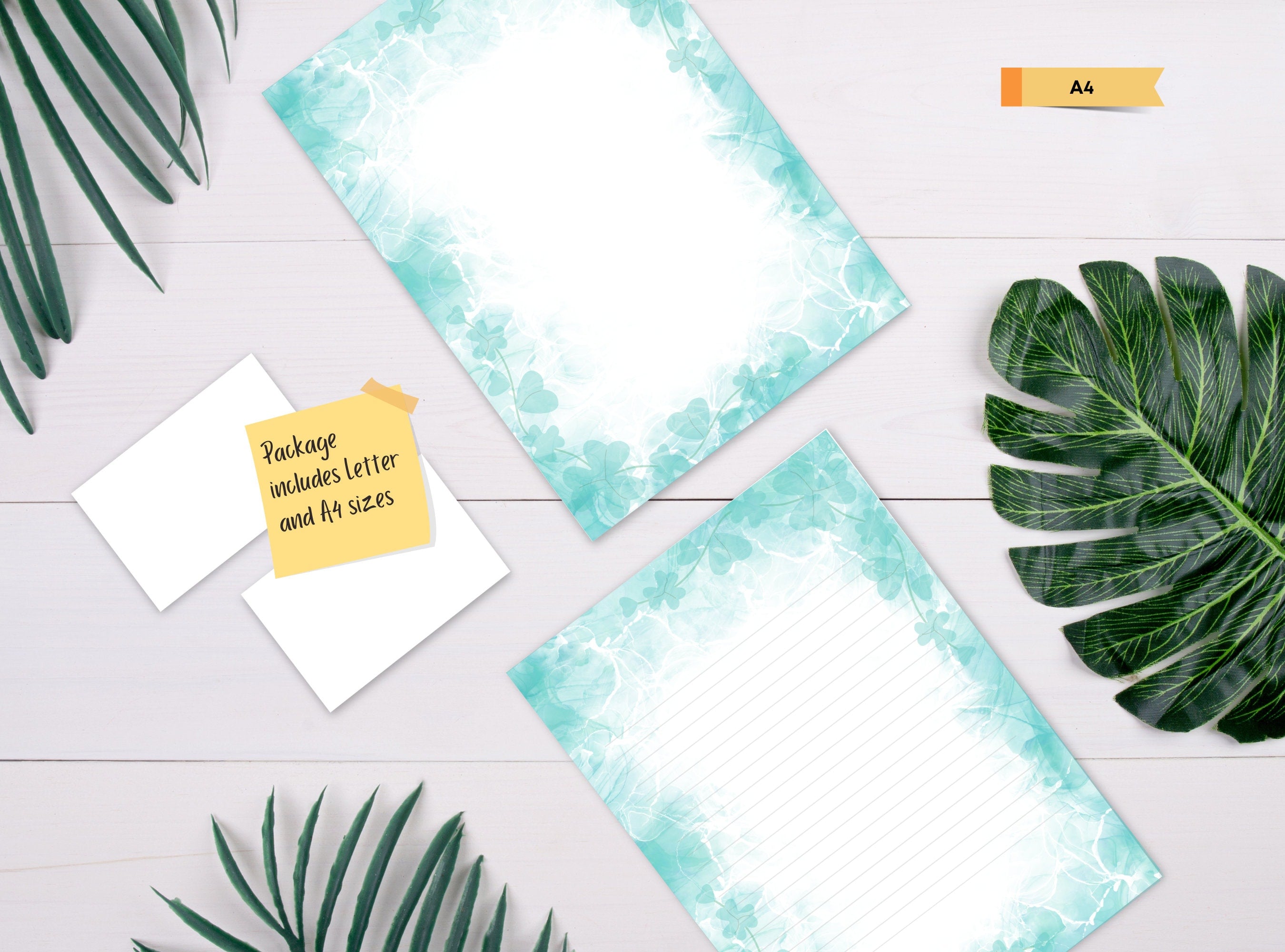 Shamrock Clover Printable Stationery Paper - Blue Green Alcohol Ink, Journal Paper, Letter, Note, Lined Paper, GoodNotes | Alcohol Ink Aqua