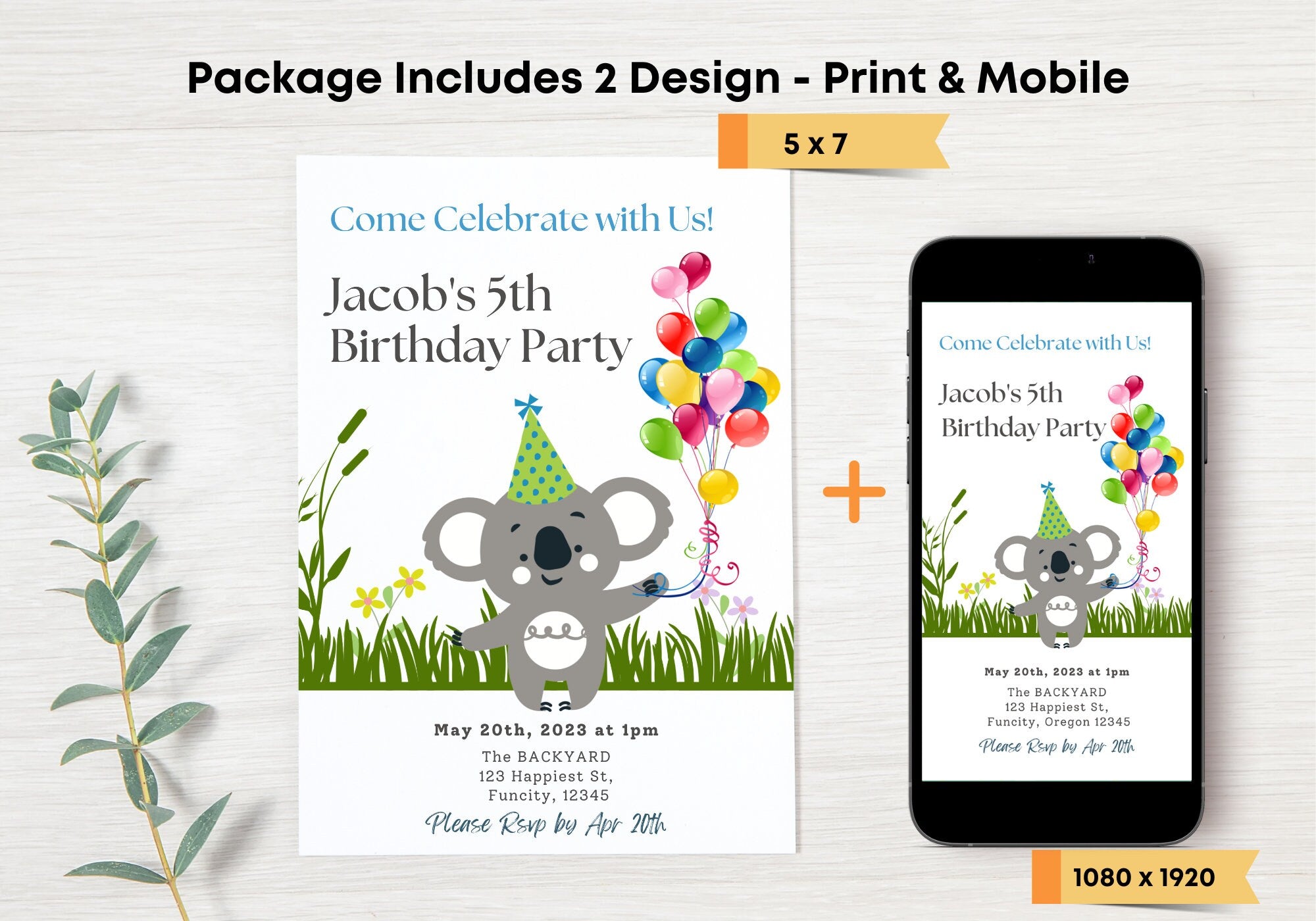 Kids Birthday Party Invitation Template -Koala Bear Birthday Toddler, Digital Invite, Balloons | Happy Koala