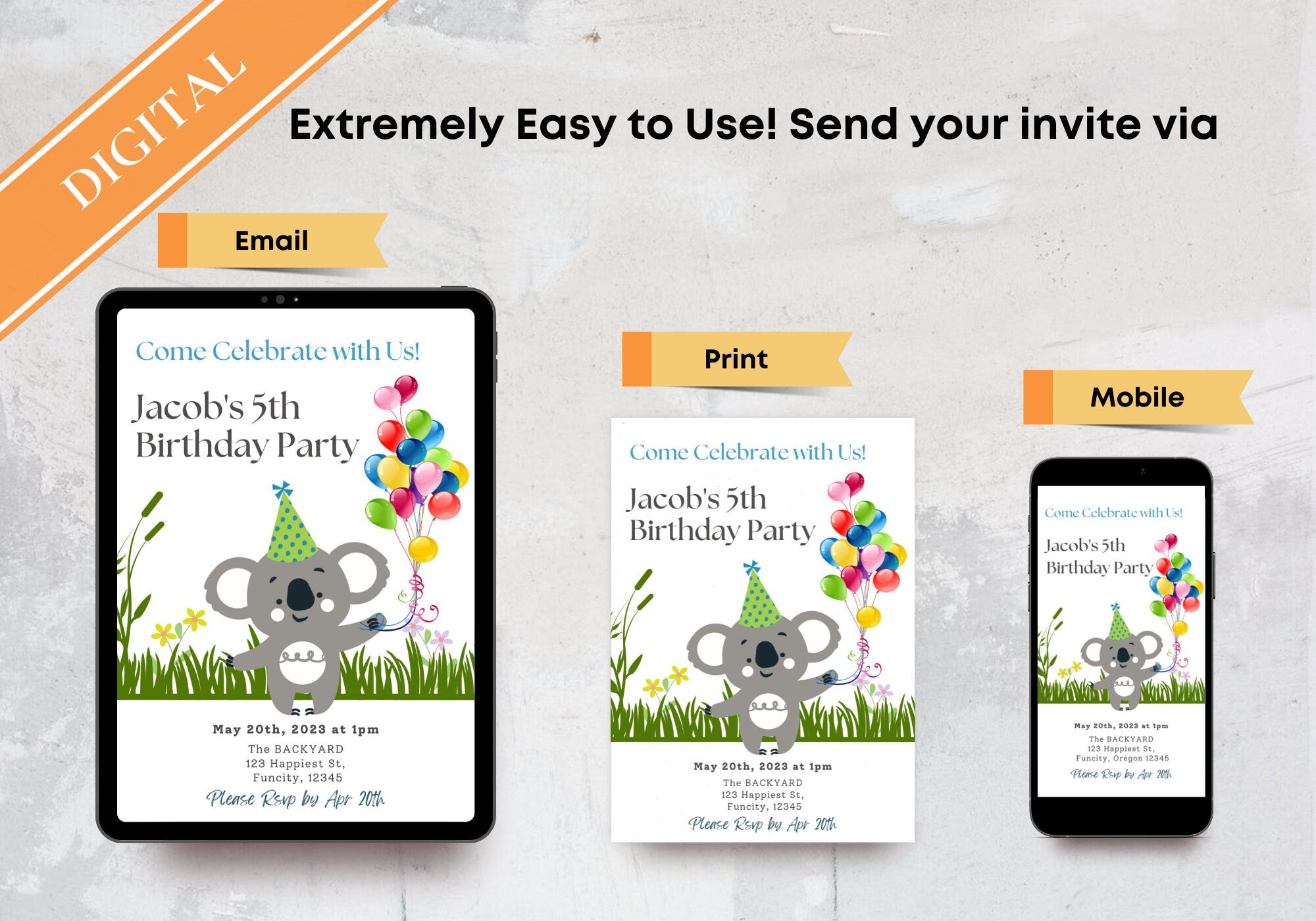 Kids Birthday Party Invitation Template -Koala Bear Birthday Toddler, Digital Invite, Balloons | Happy Koala