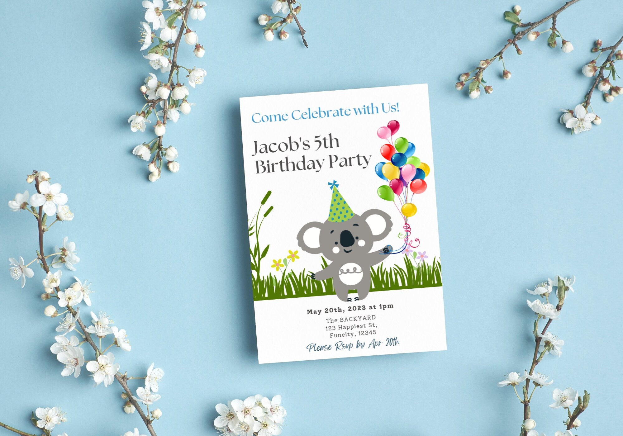 Kids Birthday Party Invitation Template -Koala Bear Birthday Toddler, Digital Invite, Balloons | Happy Koala