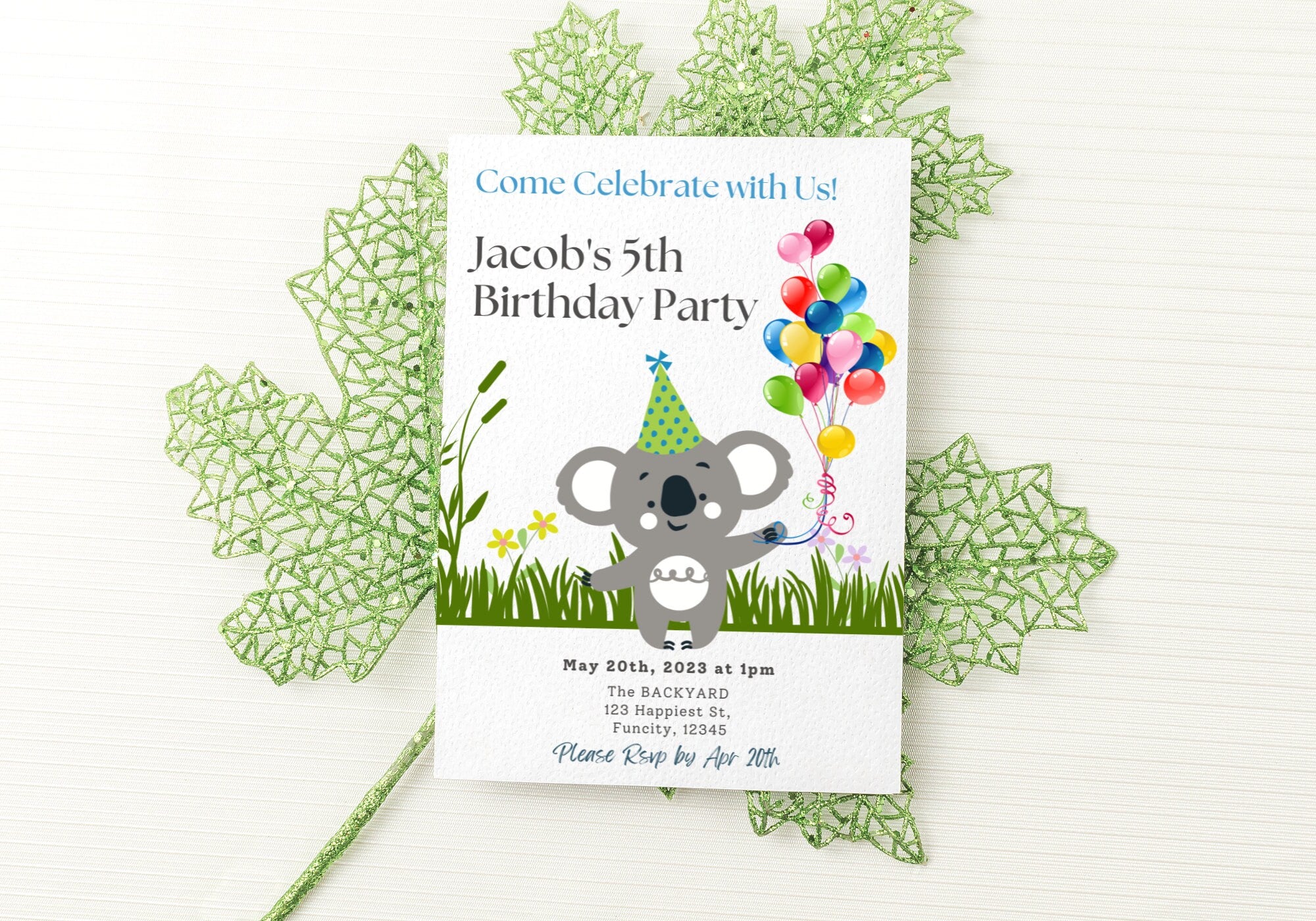Kids Birthday Party Invitation Template -Koala Bear Birthday Toddler, Digital Invite, Balloons | Happy Koala