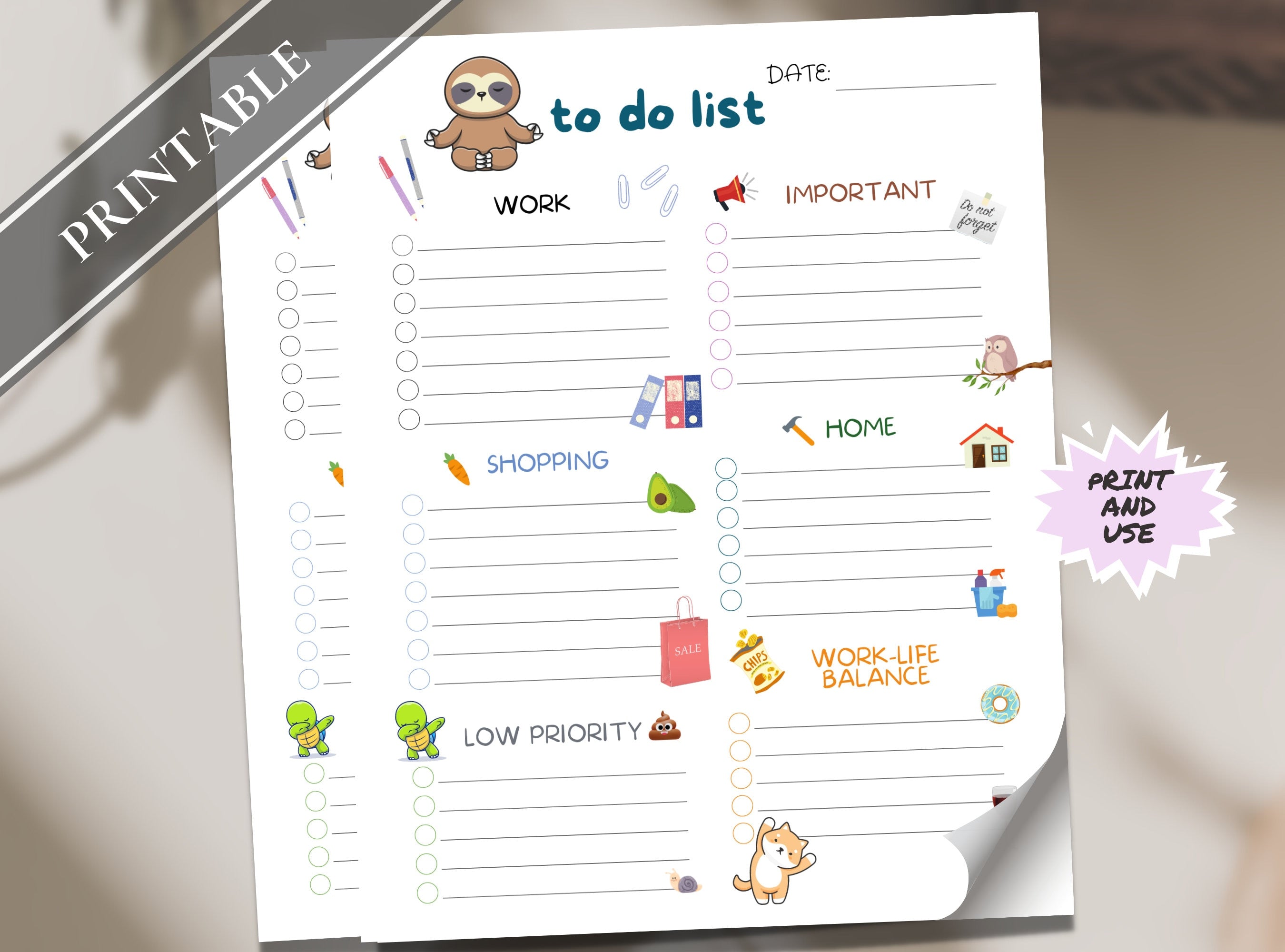 Funny Cute To Do List - Printable Task List, Things to Do, Checklist, Daily, Shopping To Do List, Letter size and A4 | Cute Animals | Sloth
