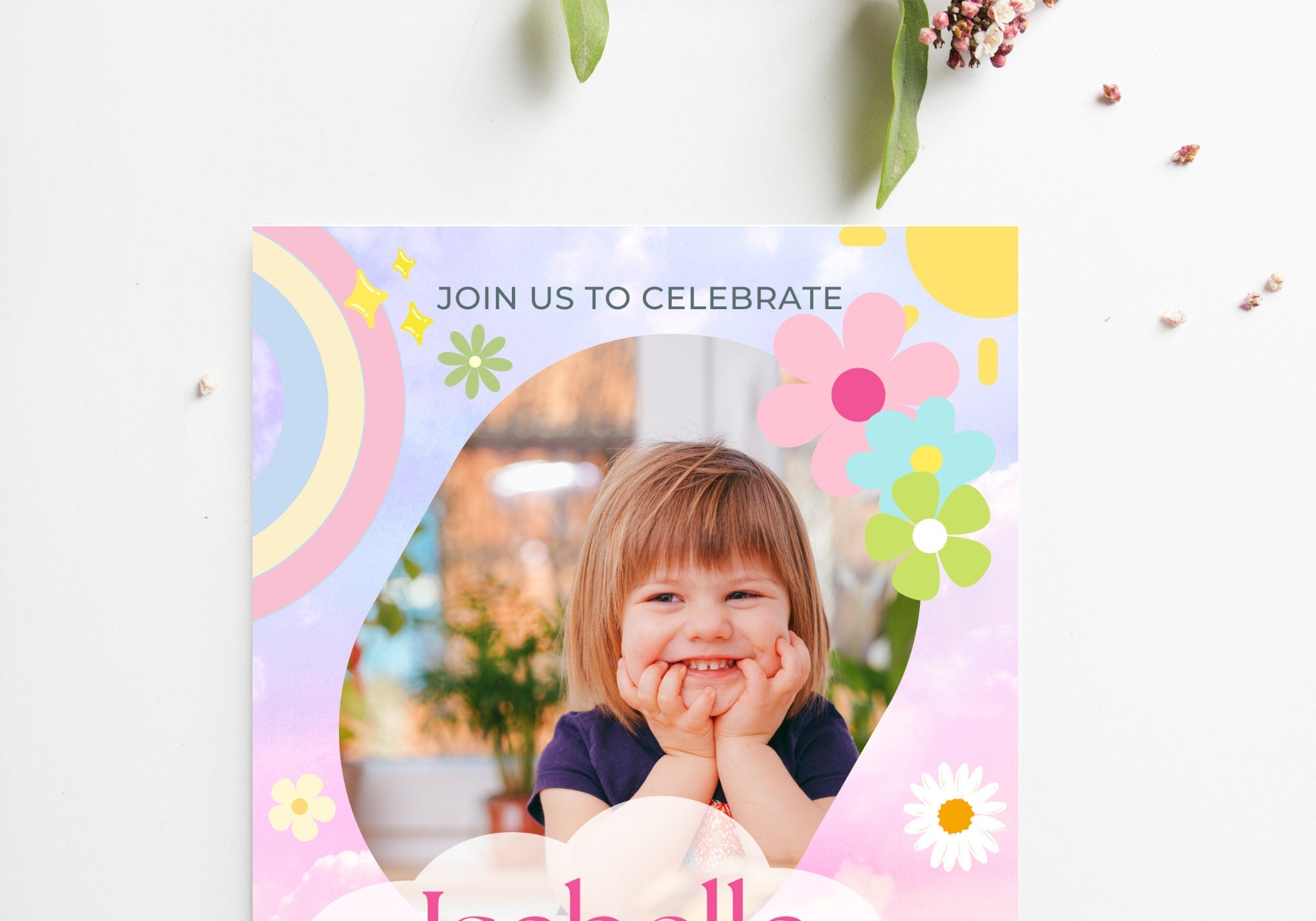 Rainbow Kids Birthday Party Invitation Template -Picture Invite, Pastels, watercolor, Toddler, turning 3, Digital Mobile Invite