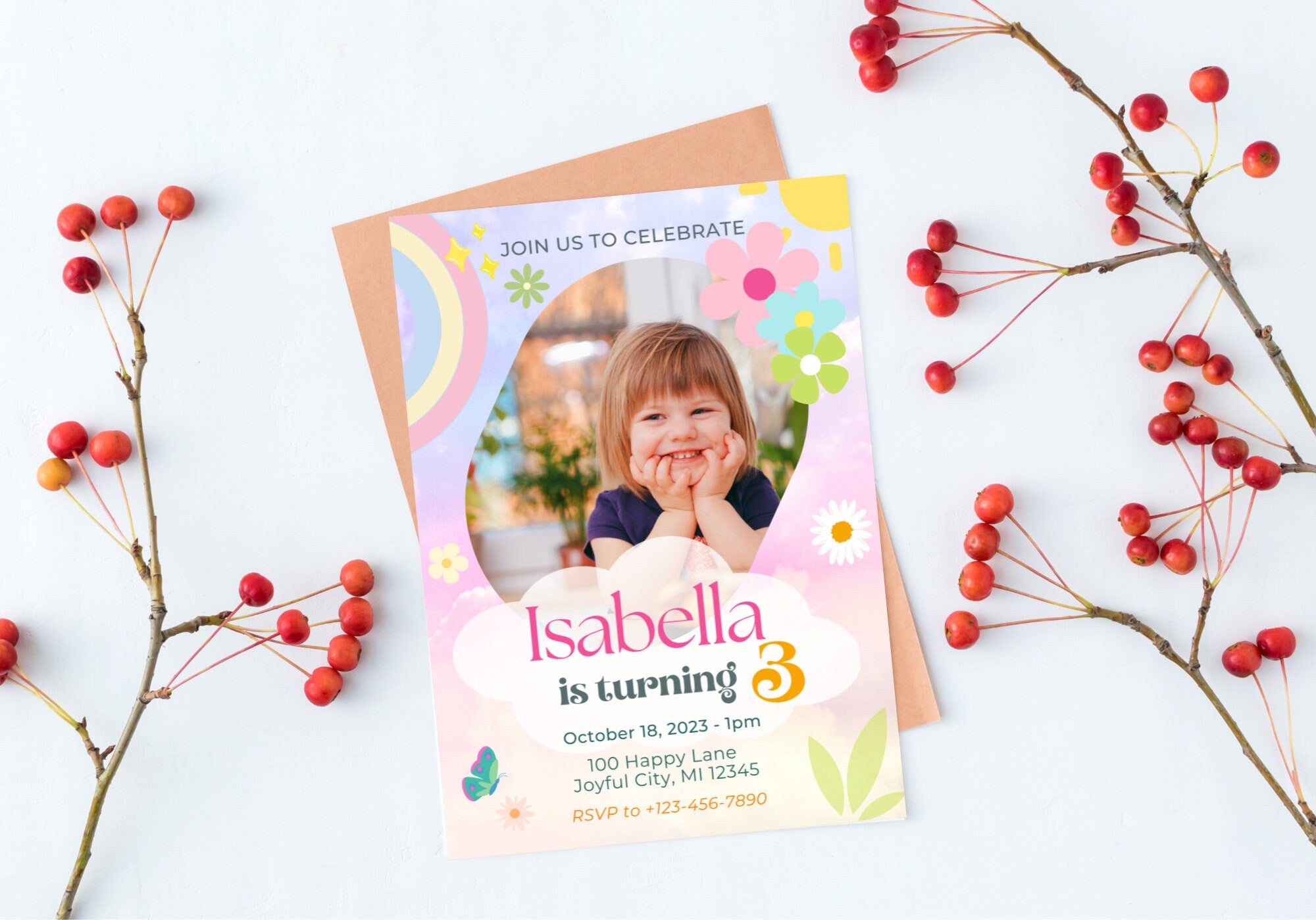 Rainbow Kids Birthday Party Invitation Template -Picture Invite, Pastels, watercolor, Toddler, turning 3, Digital Mobile Invite