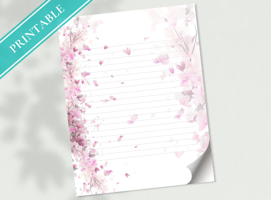 Cherry Blossoms Letter Writing Paper - Printable Stationery Paper - Pink Florals, Digital Journal Paper, Love Note, Lined Paper | Sakura II