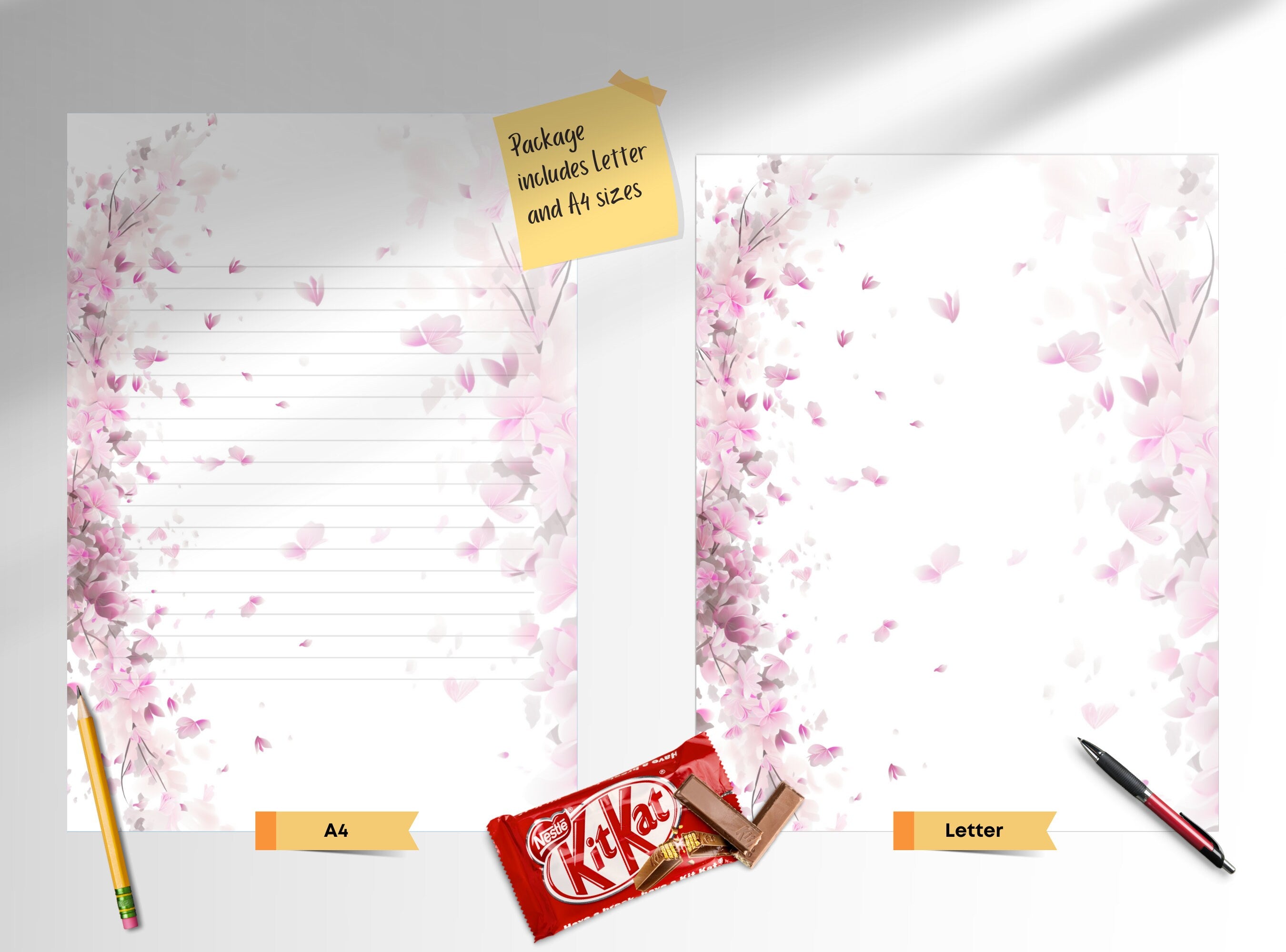 Cherry Blossoms Letter Writing Paper - Printable Stationery Paper - Pink Florals, Digital Journal Paper, Love Note, Lined Paper | Sakura II