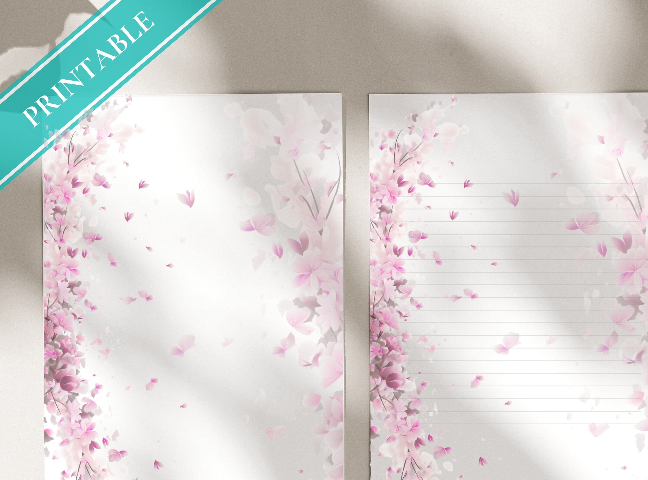Cherry Blossoms Letter Writing Paper - Printable Stationery Paper - Pink Florals, Digital Journal Paper, Love Note, Lined Paper | Sakura II