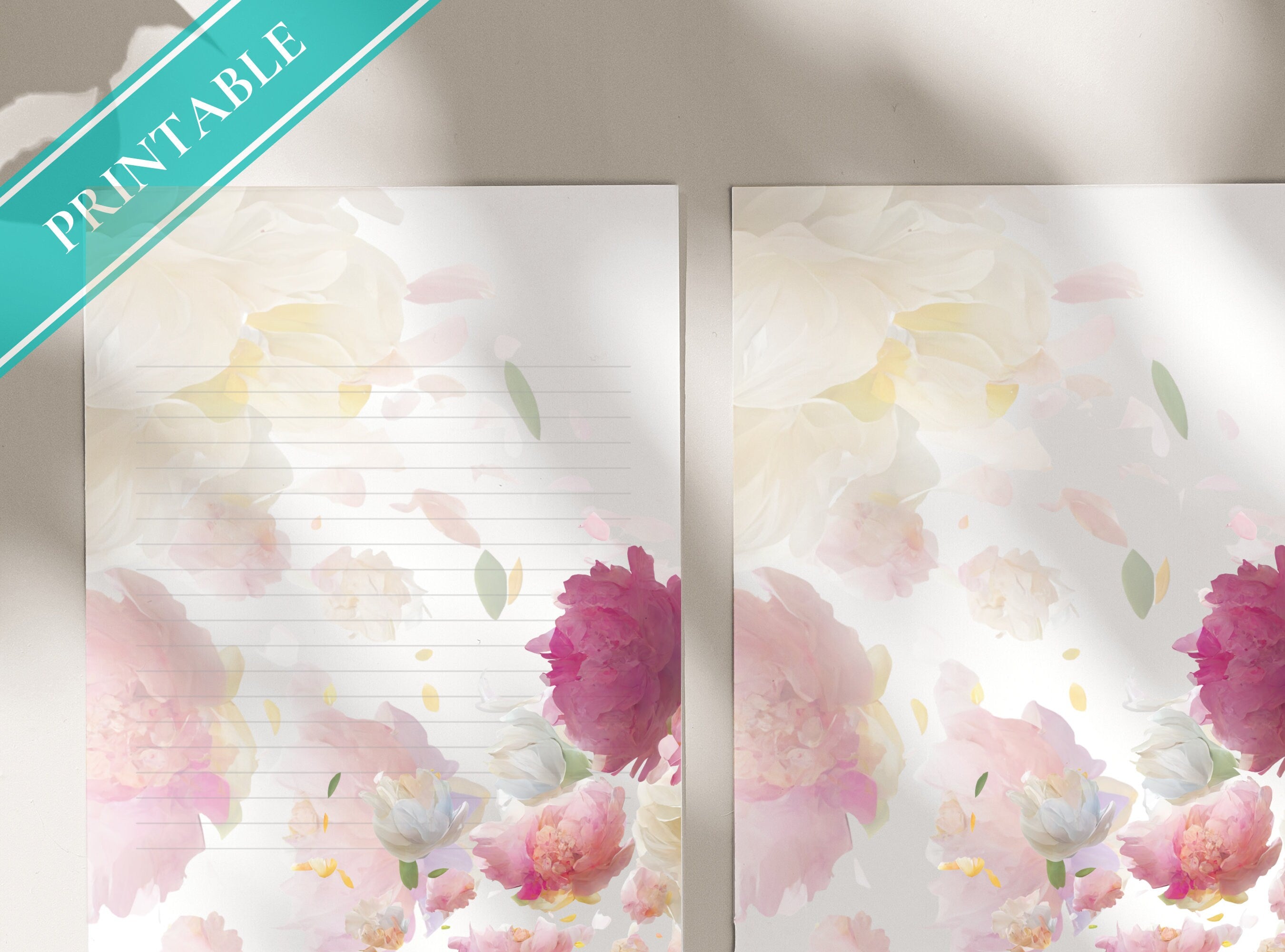 Peonies Flowers Printable Stationery Paper - Pretty Florals, Journal Paper, Letter, Note, Lined Paper, Digital Letter,  GoodNotes | Peony