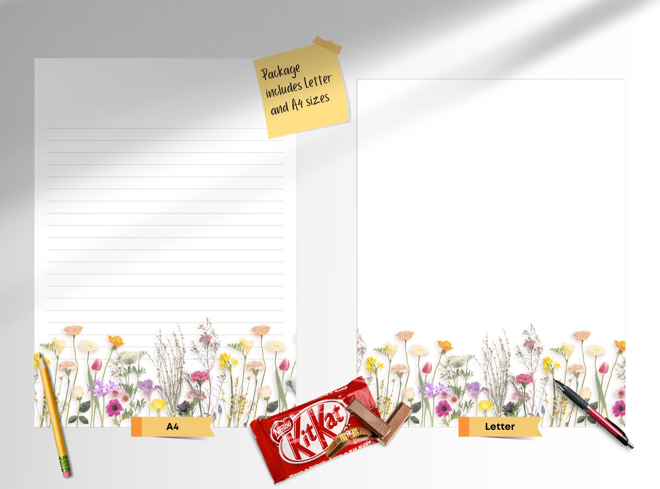 Simple Real Flowers Printable Stationery Paper - Colorful Florals, Journal Paper, Letter, Note, Lined Paper, Digital, Goodnotes, Thank You