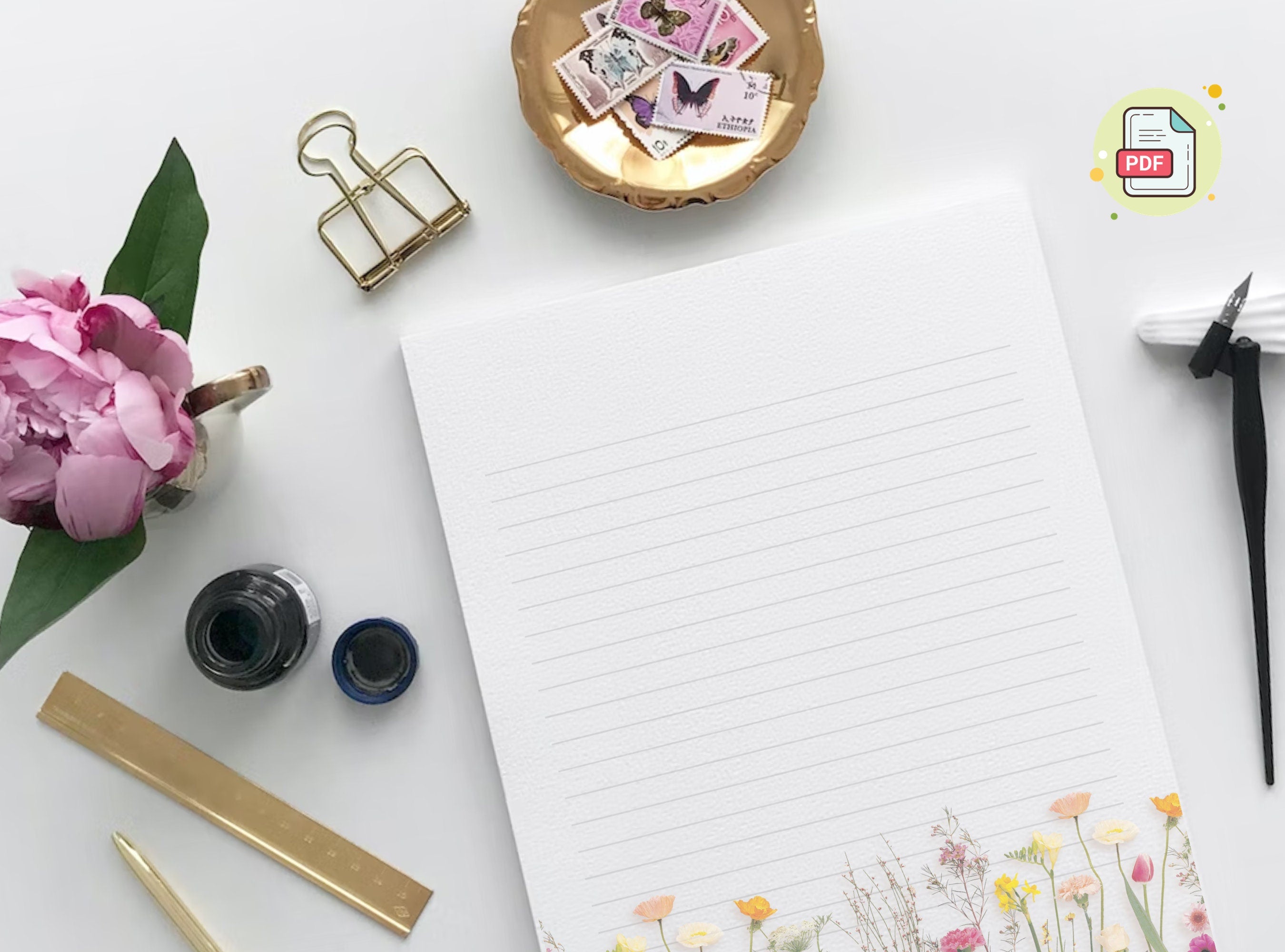 Simple Real Flowers Printable Stationery Paper - Colorful Florals, Journal Paper, Letter, Note, Lined Paper, Digital, Goodnotes, Thank You