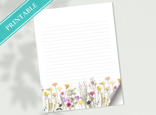 Simple Real Flowers Printable Stationery Paper - Colorful Florals, Journal Paper, Letter, Note, Lined Paper, Digital, Goodnotes, Thank You