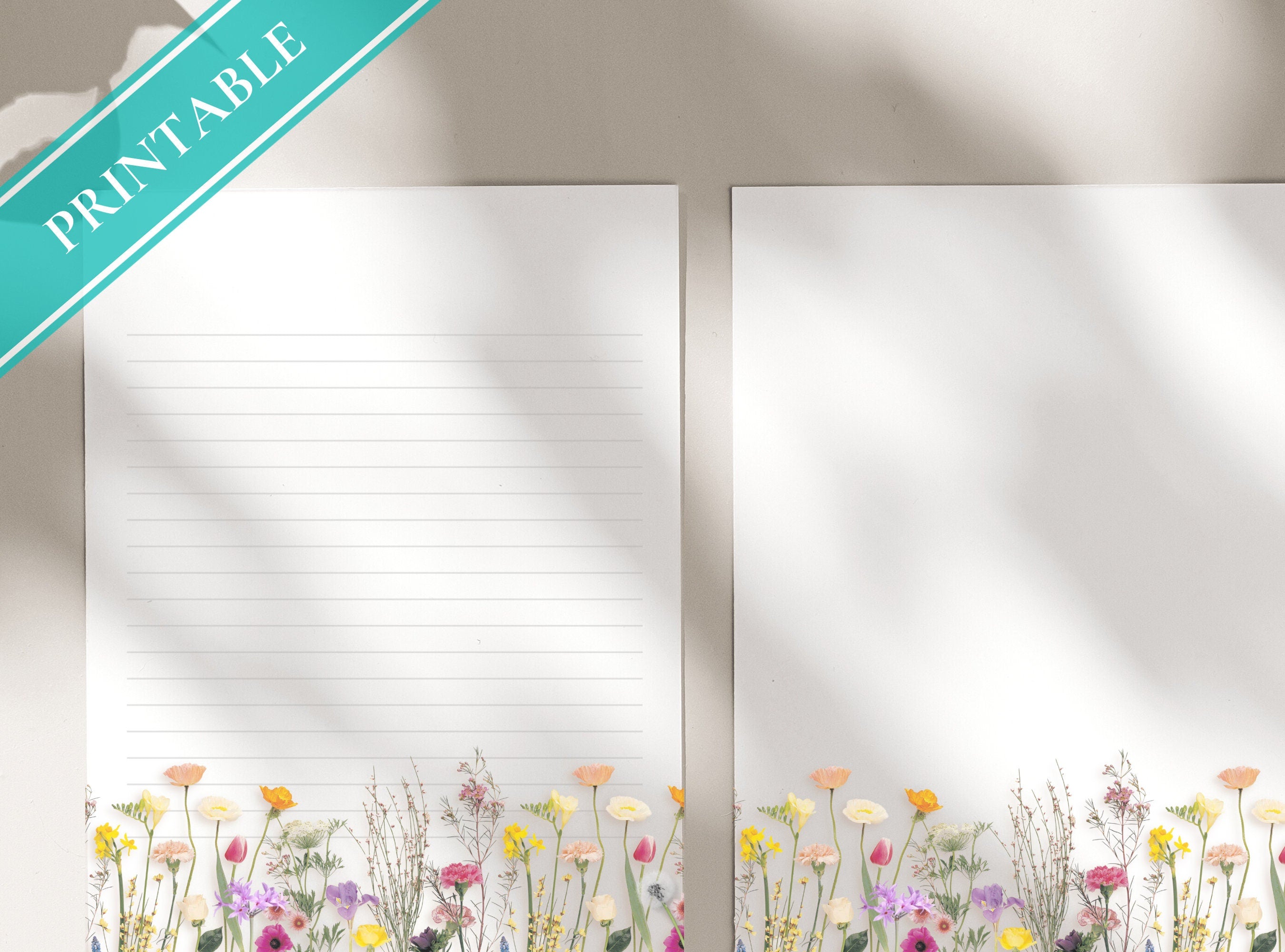 Simple Real Flowers Printable Stationery Paper - Colorful Florals, Journal Paper, Letter, Note, Lined Paper, Digital, Goodnotes, Thank You